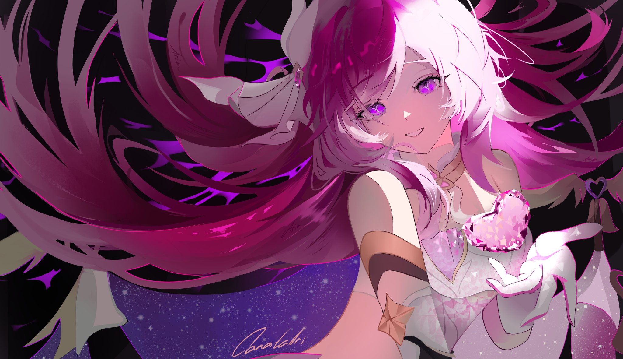 elysia (herrscher of human: ego) (honkai impact), elysia (honkai impact), honkai (series), honkai impact 3rd, hashtag-only commentary, highres, 1girl, artist name, bare shoulders, breasts, canataari, corset, diamond-shaped pupils, diamond (shape), gloves, hair ornament, heart, long hair, looking at viewer, medium breasts, pink hair, purple eyes, sky, smile, solo, star (sky), starry sky, symbol-shaped pupils, triquetra, very long hair, white corset, white gloves