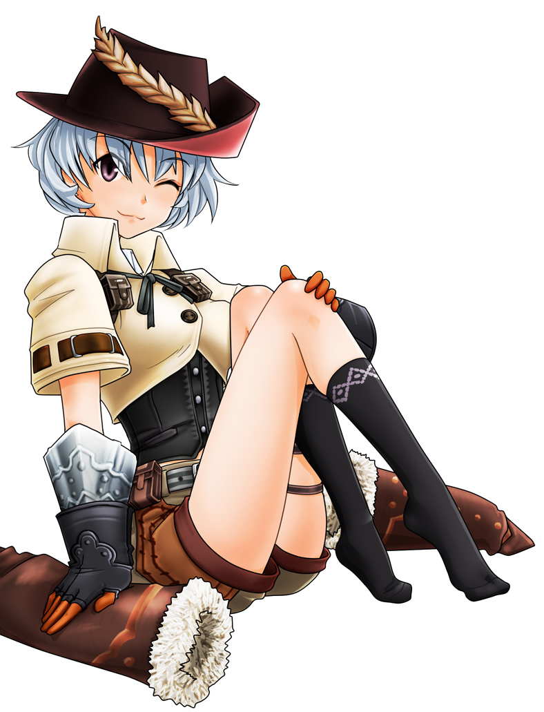 urokozuki, fantasy earth zero, silver hair, character request, feathers, fingerless gloves, gauntlets, gloves, hat, one eye closed, short hair, shorts, socks, solo, wink