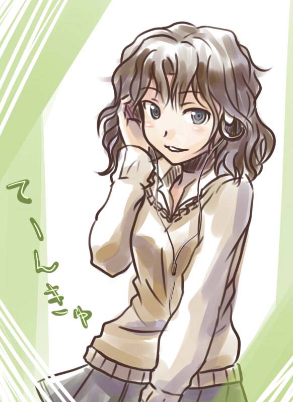 tamago, tamago (yotsumi works), tanamachi kaoru, amagami, 1girl, black hair, earphones, female focus, open collar, school uniform, short hair, solo, sweater, wavy hair
