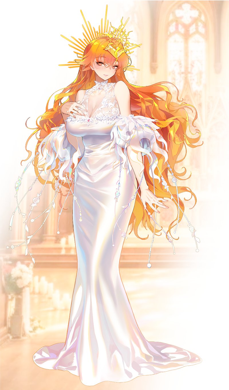 ina (mikamixx), augusta (wuthering waves), wuthering waves, commentary, highres, symbol-only commentary, alternate costume, bare shoulders, blush, breasts, closed mouth, dress, full body, hand on own chest, huge breasts, long dress, long hair, looking at viewer, nail polish, orange eyes, orange hair, orange nails, see-through cleavage, see-through clothes, smile, solo, standing, very long hair, white dress