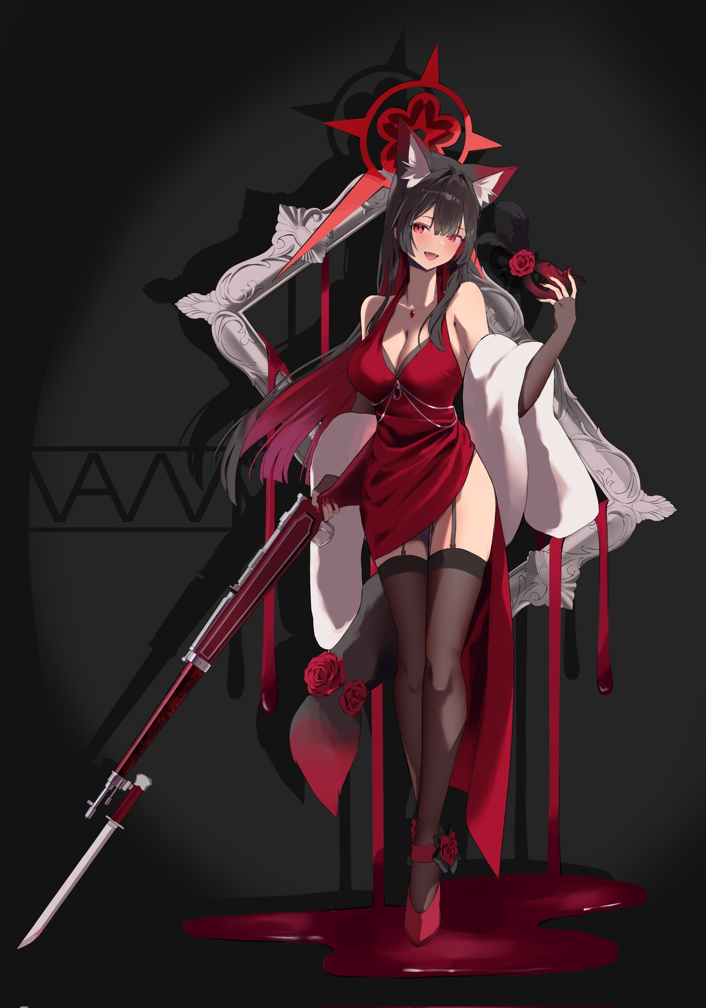 vam (js vam), wakamo (blue archive), blue archive, commentary, highres, symbol-only commentary, 1girl, alternate costume, alternate eye color, animal ear fluff, animal ears, arisaka, bare shoulders, black arm warmers, black dress, black garter straps, black hair, black thighhighs, bolt action, breasts, cleavage, colored inner hair, dress, fox ears, fox girl, fox tail, fur shawl, garter straps, gun, hair between eyes, halo, holding, holding gun, holding weapon, jewelry, large breasts, long hair, looking at viewer, multicolored hair, necklace, open mouth, red dress, red eyes, red hair, red halo, red nails, red shoes, rifle, shawl, shoes, side slit, sidelocks, sleeveless, sleeveless dress, solo, tail, thighhighs, two-tone hair, weapon, white shawl