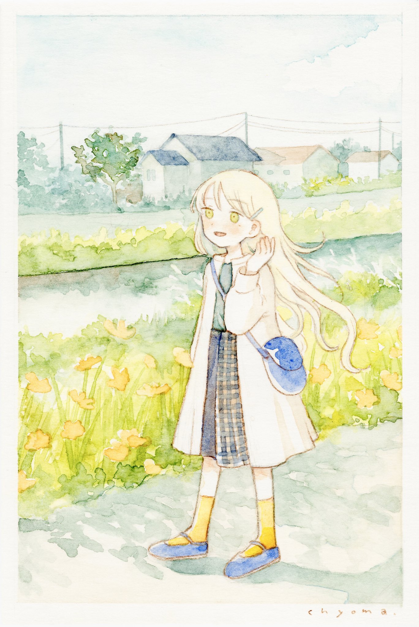 chyoma, original, commentary request, highres, painting (medium), traditional media, watercolor (medium), 1girl, bag, blonde hair, blue bag, blue shoes, blue skirt, blush, border, coat, flower, grass, green shirt, hair ornament, hairclip, hand up, high-waist skirt, long hair, long sleeves, looking up, mole, mole under eye, multicolored skirt, open clothes, open coat, open mouth, orange flower, outdoors, river, shadow, shirt, shoes, shoulder bag, signature, skirt, smile, socks, solo, standing, white border, white coat, yellow eyes, yellow socks