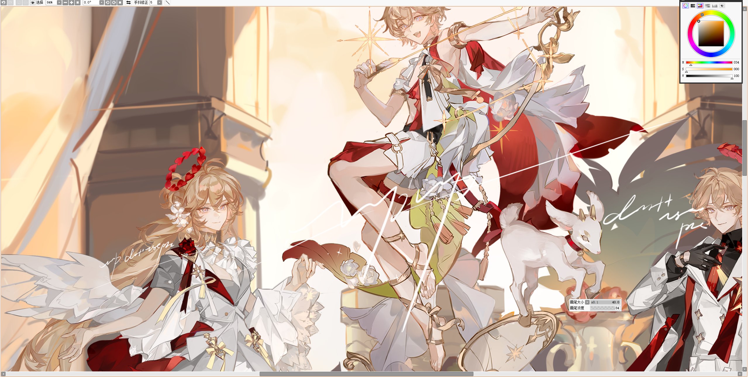 liulianjingrua, original, highres, 1boy, 1girl, 2boys, angel, angel wings, bishounen, black gloves, blonde hair, bow (weapon), dress, feathered wings, formal clothes, gloves, hair between eyes, halo, holding, holding bow (weapon), holding weapon, jewelry, long hair, long sleeves, looking at viewer, male focus, multiple boys, multiple views, shirt, short hair, short sleeves, shorts, sleeveless, weapon, white dress, white wings, wings