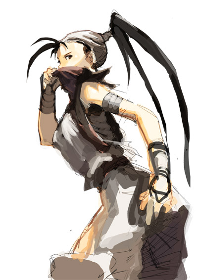kamdia, ibuki (street fighter), capcom, street fighter, street fighter iii (series), 1girl, antenna hair, bandaged arm, bandages, bandana, bare shoulders, clothing cutout, cowboy shot, female focus, from side, grey bandana, half mask, high ponytail, hip vent, jewelry, looking at viewer, looking back, mask, ninja, ponytail, profile, simple background, solo, standing, vest, white background