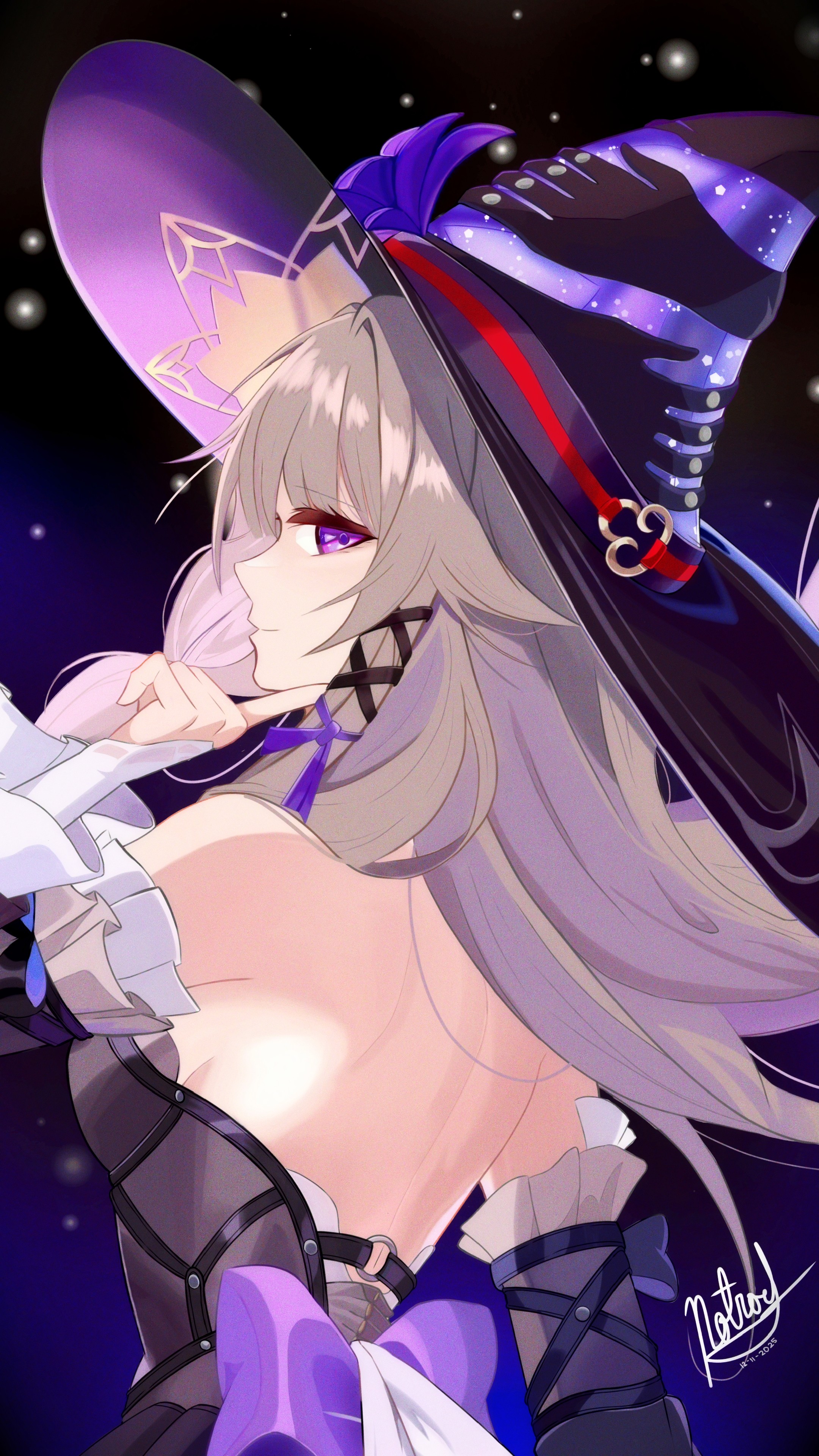 yuuki-yow, herta (honkai: star rail), the herta (honkai: star rail), honkai: star rail, honkai (series), absurdres, highres, bare shoulders, bow, breasts, finger to mouth, flower, frills, from behind, looking at viewer, lying, medium breasts, naughty face, no bra, on back, purple bow, purple eyes, purple flower, smug, strap, witch