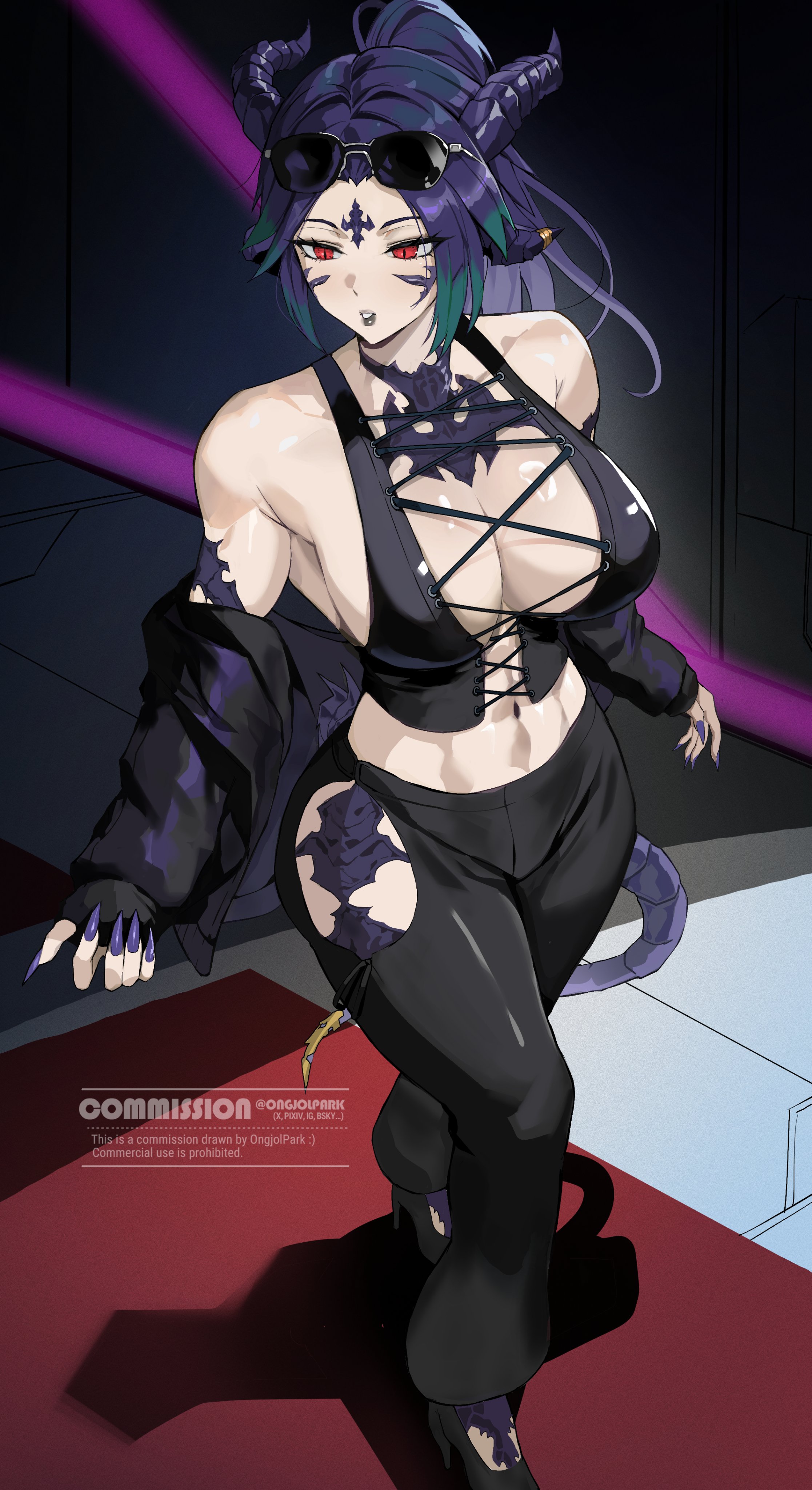 park ongjol, warrior of light (ff14), final fantasy, final fantasy xiv, original, absurdres, commentary, commission, english commentary, highres, 1girl, abs, black jacket, black lips, black shirt, black shoes, blue hair, blue nails, blue scales, breasts, cleavage, clothing cutout, colored tips, crop top, cross-laced clothes, cross-laced top, dragon girl, dragon horns, dragon tail, eraselia (coras velakott), eyewear on head, fingernails, full body, green hair, high heels, hip vent, horns, jacket, jacket partially removed, large breasts, multicolored hair, multiple horns, navel, no bra, open clothes, open jacket, parted lips, ponytail, red eyes, sharp fingernails, shirt, shoes, sleeveless, sleeveless shirt, slit pupils, solo, standing, sunglasses, tail, toned, toned female, tsurime, two-tone hair, watermark