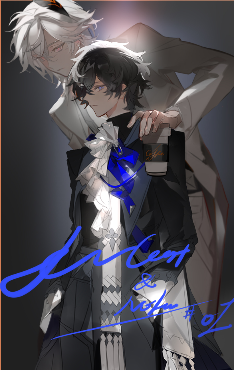 liulianjingrua, original, highres, 2boys, ascot, black coat, black hair, black jacket, blue eyes, coat, cowboy shot, cup, english text, formal clothes, hair between eyes, hand in pocket, hand on another's shoulder, holding, holding cup, horns, jacket, long sleeves, male focus, multiple boys, open clothes, open coat, open jacket, pants, purple eyes, shirt, short hair, white ascot, white hair