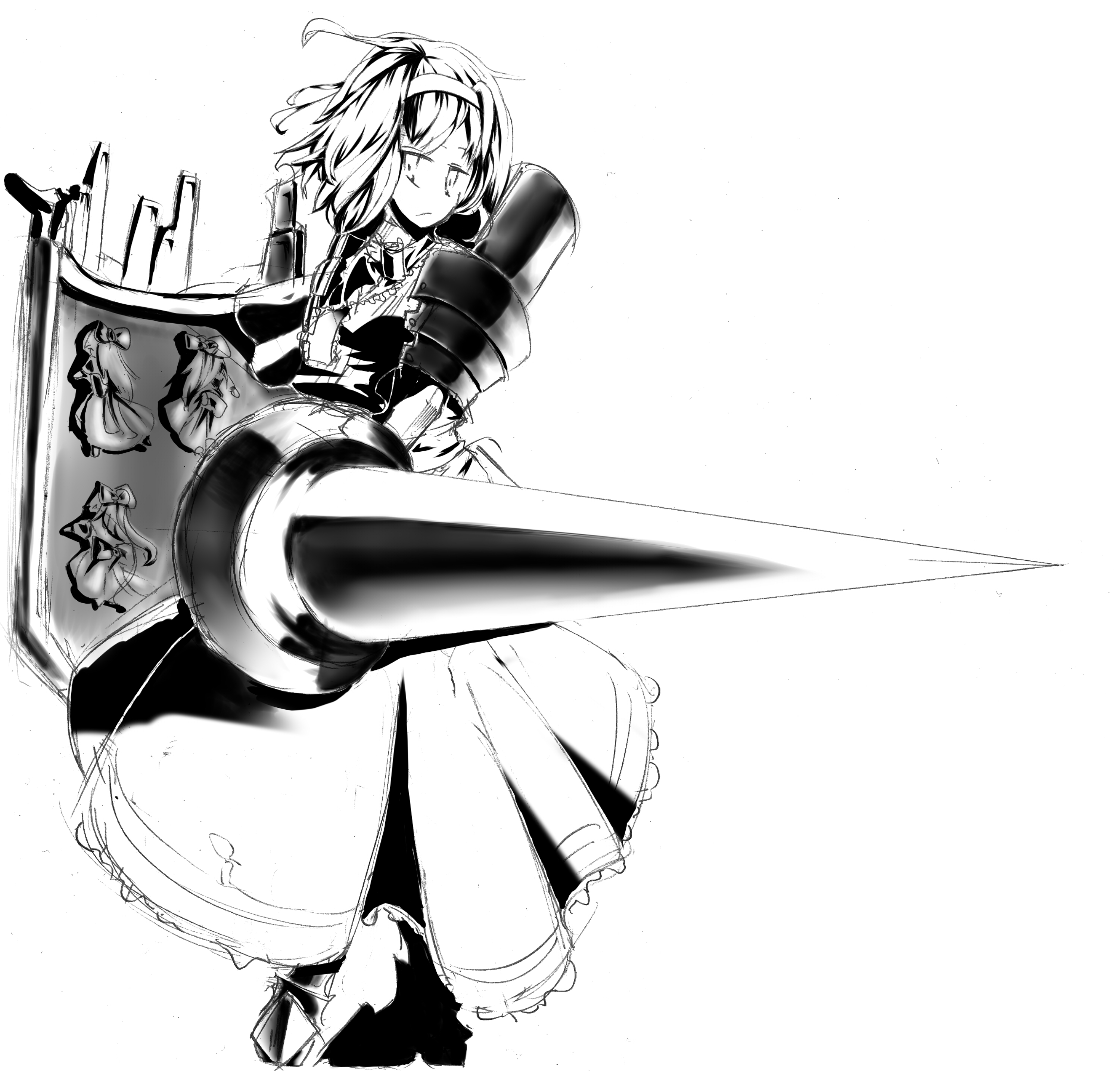 shamo, shamo (koumakantv), alice margatroid, touhou, absurdres, bad id, bad pixiv id, highres, 1girl, armor, armored dress, dress, female focus, greyscale, hairband, lance, monochrome, polearm, shield, solo, spear, weapon