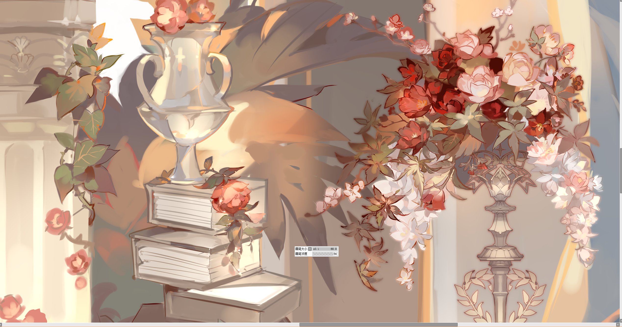 liulianjingrua, original, commentary, highres, symbol-only commentary, book, book stack, cup, flower, no humans, pink flower, plant, red flower, solo, teacup, teapot, vase, white flower