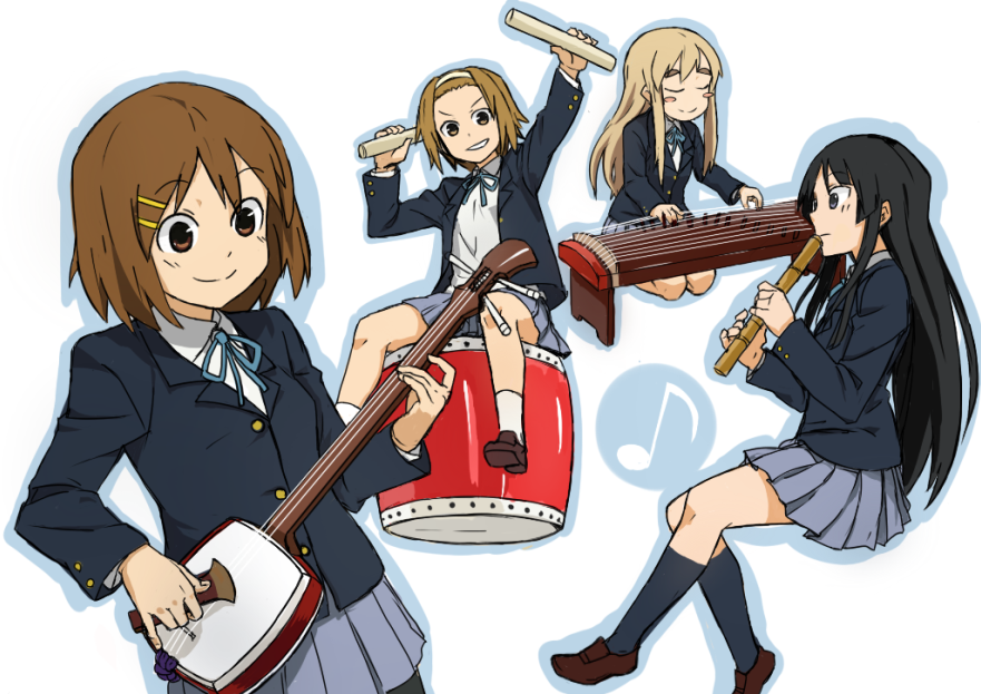 iefukurou, akiyama mio, hirasawa yui, kotobuki tsumugi, tainaka ritsu, k-on!, 00s, 4girls, drum, flute, ho-kago tea time, instrument, koto (instrument), multiple girls, pantyhose, plectrum, school uniform, shakuhachi, shamisen, taiko drum