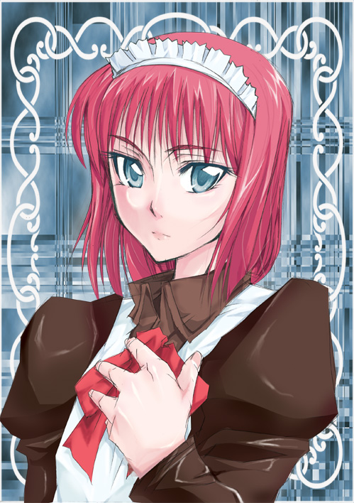 natsu iori, hisui (tsukihime), tsukihime, 00s, blue eyes, maid, red hair, ribbon, short hair, solo
