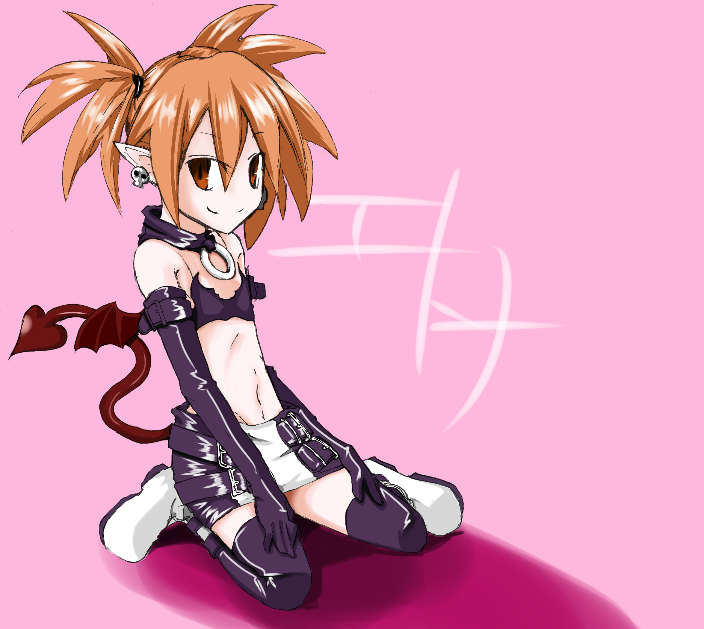 shamo, shamo (koumakantv), etna (disgaea), disgaea, bad id, bad pixiv id, highres, 1girl, bat wings, character name, demon girl, earrings, elbow gloves, female focus, flat chest, gloves, jewelry, kneeling, miniskirt, navel, pointy ears, red eyes, red hair, skirt, solo, tail, thighhighs, twintails, wings