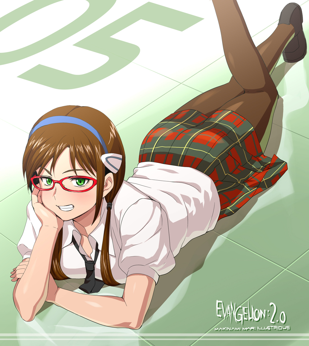 g-tetsu, makinami mari illustrious, neon genesis evangelion, rebuild of evangelion, 00s, 1girl, brown hair, female focus, glasses, grin, hairband, lying, necktie, on stomach, pantyhose, plaid clothes, plaid skirt, school uniform, skirt, smile, solo