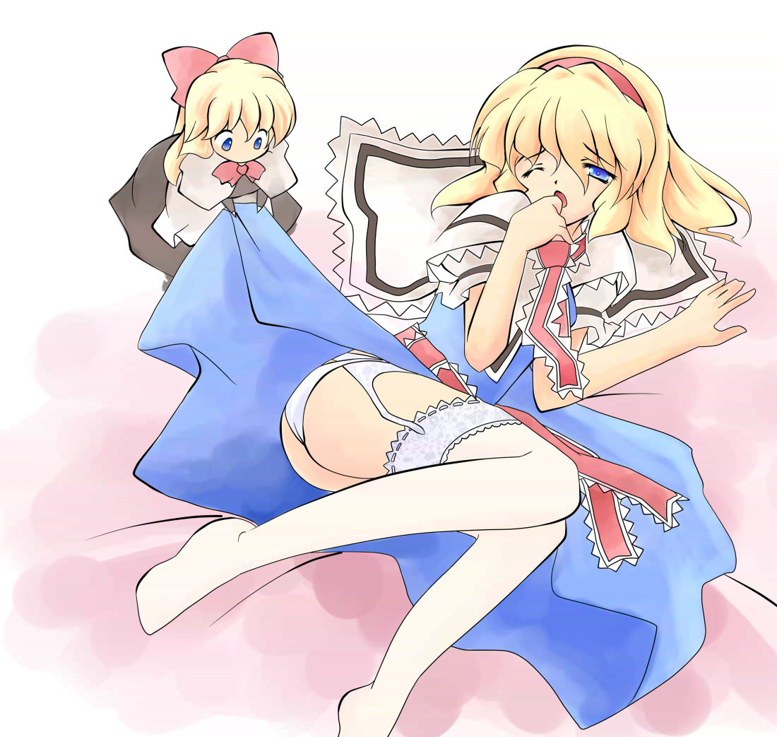 hazuki m, alice margatroid, shanghai doll, touhou, bad id, bad pixiv id, 2girls, ass, blonde hair, blue eyes, doll, dress, female focus, garter belt, gradient background, hairband, multiple girls, one eye closed, panties, short hair, thighhighs, underwear, white background, wink