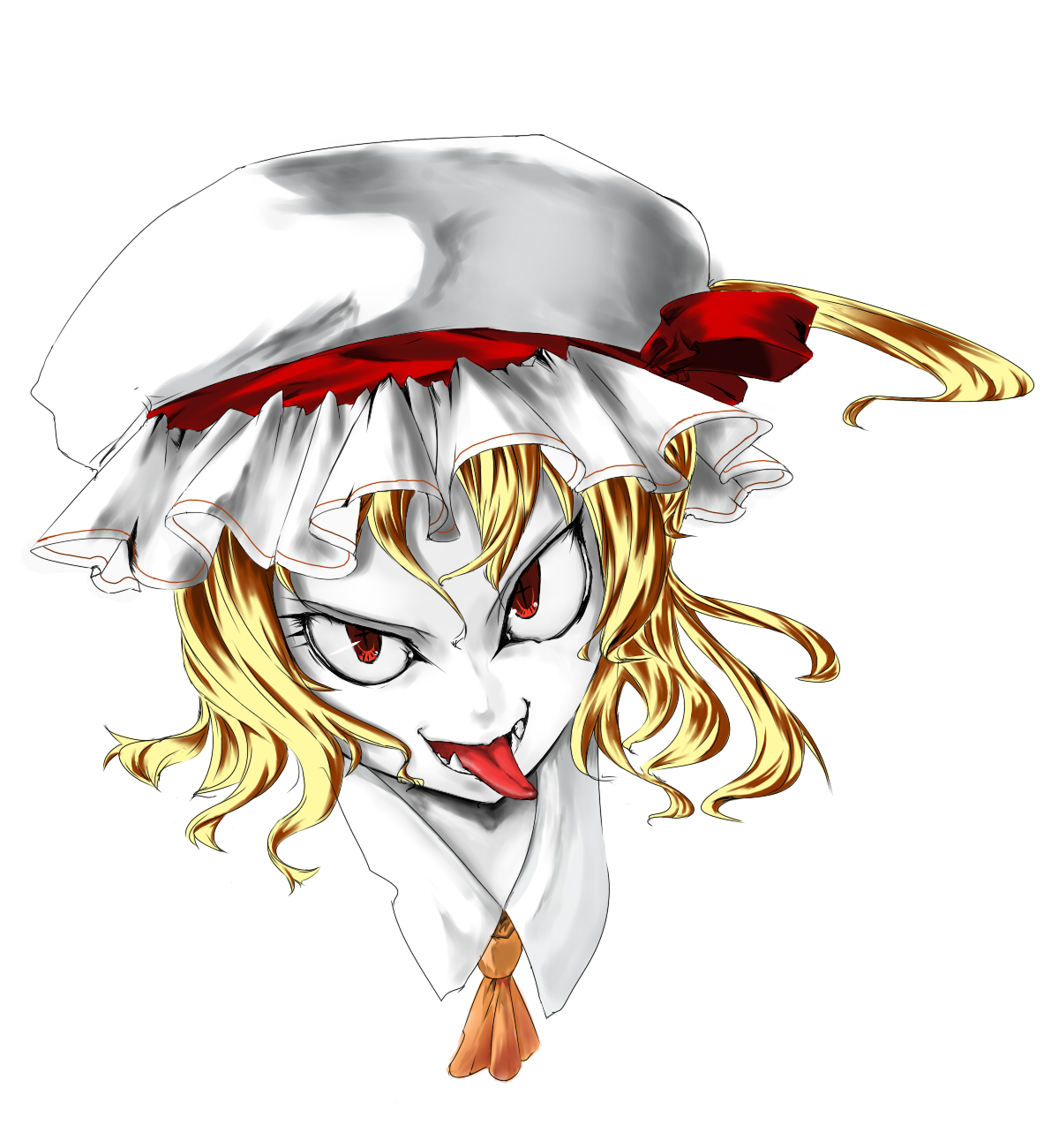 shamo, shamo (koumakantv), flandre scarlet, touhou, bad id, bad pixiv id, highres, 1girl, blonde hair, fang, fangs, female focus, hat, pale skin, portrait, red eyes, solo, tongue, upper body