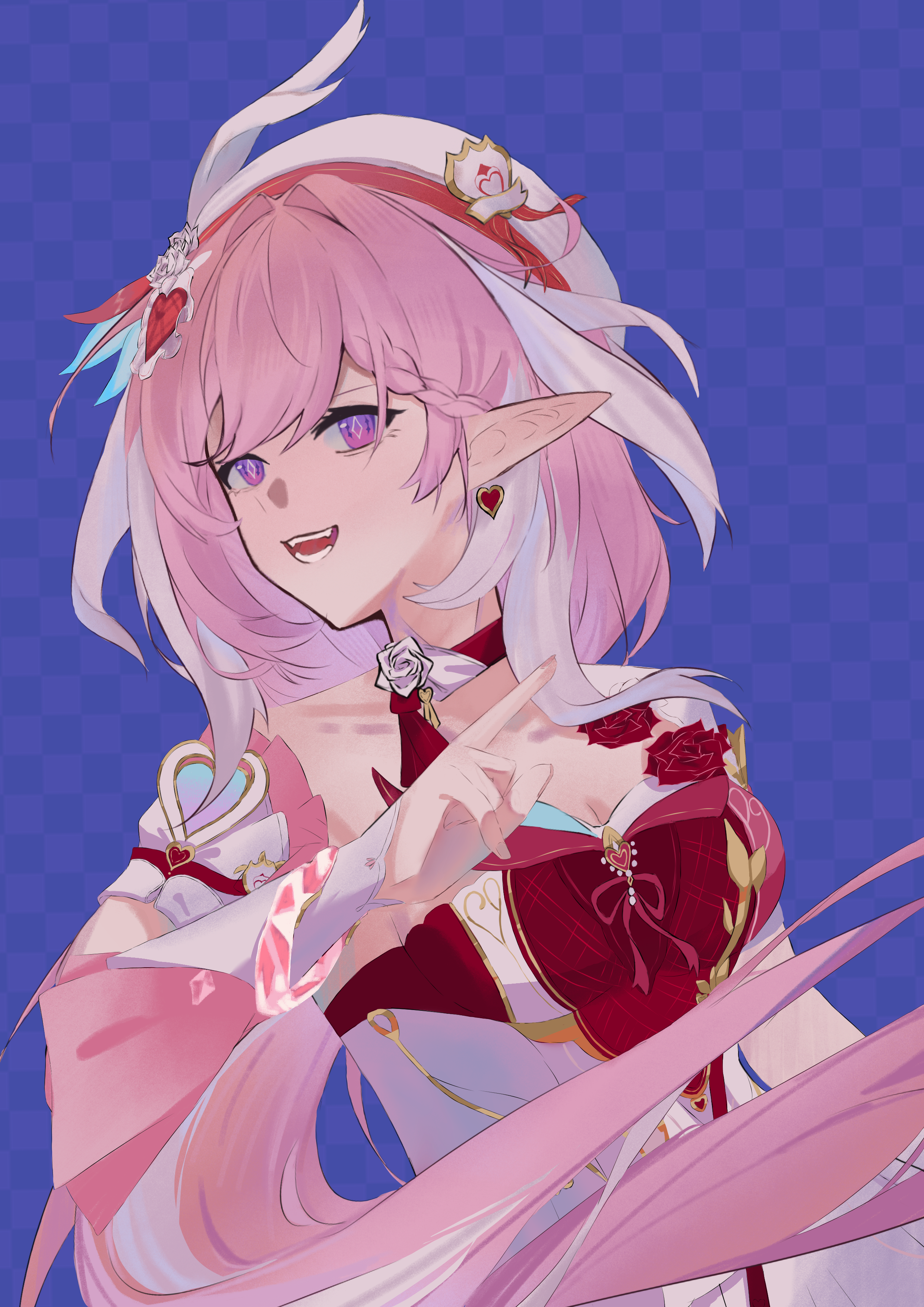 elysia (hi love elf) (honkai impact), elysia (honkai impact), honkai (series), honkai impact 3rd, absurdres, highres, 1girl, beret, blue background, breasts, checkered background, cleavage, diamond-shaped pupils, diamond (shape), dress, earrings, elf, hat, heart, heart earrings, jewelry, large breasts, long hair, looking at viewer, multicolored hair, open mouth, pink hair, pointy ears, purple eyes, red dress, shinian41379, smile, solo, symbol-shaped pupils, two-tone dress, two-tone hair, very long hair, white dress, white hair