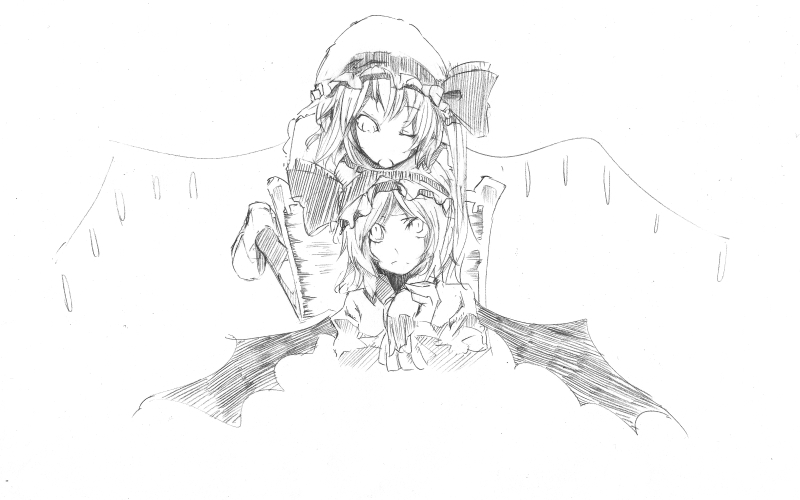 shamo, shamo (koumakantv), flandre scarlet, remilia scarlet, touhou, bad id, bad pixiv id, traditional media, 2girls, bat wings, female focus, greyscale, hat, hug, monochrome, multiple girls, siblings, sisters, sketch, wings