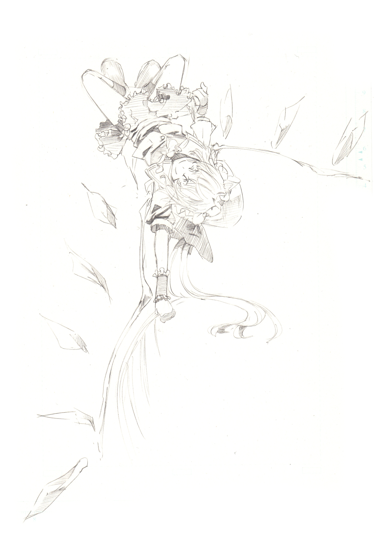 shamo, shamo (koumakantv), flandre scarlet, touhou, bad id, bad pixiv id, highres, traditional media, 1girl, female focus, greyscale, monochrome, sketch, socks, solo, upside-down, wings