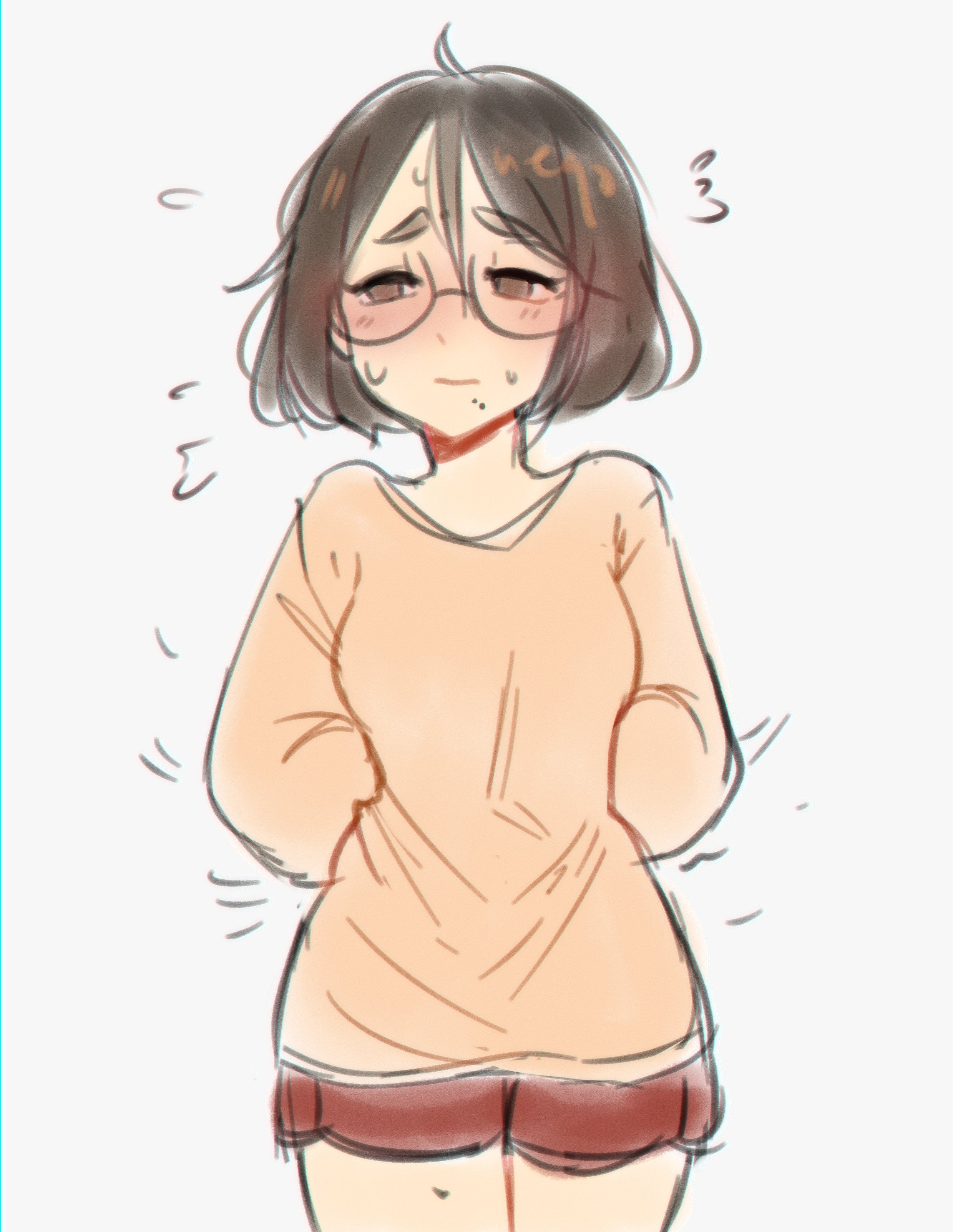 neqo (neneneqo), creator (neneneqo), tagme, blush, breasts, brown eyes, brown hair, embarrassed, glasses, looking to the side, medium breasts, mole, mole under mouth, nervous, nervous sweating, shorts, sweat, sweatdrop, sweater