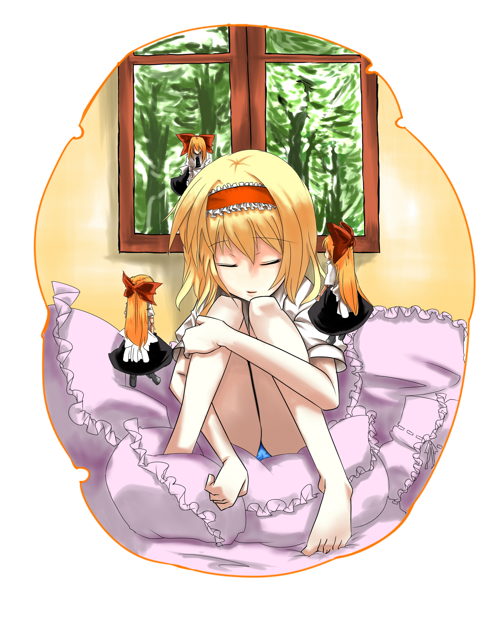 shamo, shamo (koumakantv), alice margatroid, shanghai doll, touhou, bad id, bad pixiv id, highres, 1girl, barefoot, blonde hair, bow, closed eyes, doll, female focus, frilled pillow, frills, hair bow, hairband, hugging own legs, panties, pantyshot, pillow, short hair, sitting, sleeping, solo, underwear, window