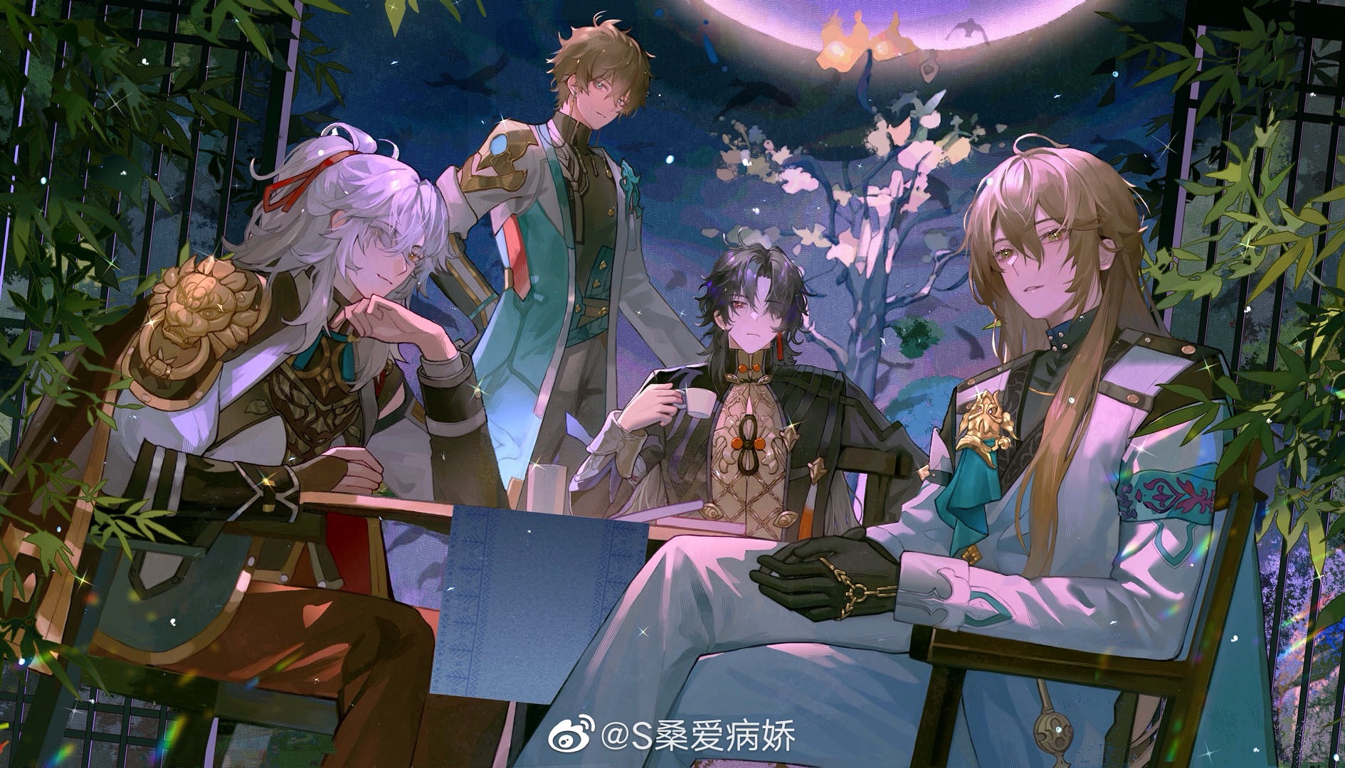 ssang721, blade (honkai: star rail), dan heng (honkai: star rail), dan heng (hunt) (honkai: star rail), jing yuan, luocha (honkai: star rail), honkai: star rail, honkai (series), chinese commentary, highres, 4boys, aqua armband, aqua coat, arm rest, armband, armor, bamboo, bird, black bridal gauntlets, black gloves, black hair, black jacket, black shirt, black sleeves, blonde hair, book, bridal gauntlets, cape, closed mouth, coat, crossed legs, cup, dutch angle, earrings, elbow rest, expressionless, eyes visible through hair, feet out of frame, fence, flower, full moon, glint, gloves, green eyes, grey pants, group picture, hair between eyes, hair over one eye, hair ribbon, hand chains, head rest, high ponytail, holding, holding cup, jacket, jewelry, light particles, long hair, long sleeves, looking at viewer, male focus, mole, mole under eye, moon, multicolored coat, multiple boys, night, one eye covered, open clothes, open coat, own hands together, palms together, pankou, pants, parted lips, ponytail, red cape, red eyes, red pants, red ribbon, ribbon, shirt, short hair, shoulder armor, single earring, sitting, sleeve cuffs, smile, standing, table, tassel, tassel earrings, teacup, tree, turtleneck, turtleneck shirt, two-tone coat, upper body, watermark, weibo watermark, white coat, white flower, white hair, white jacket, white pants, yaopei, yellow eyes