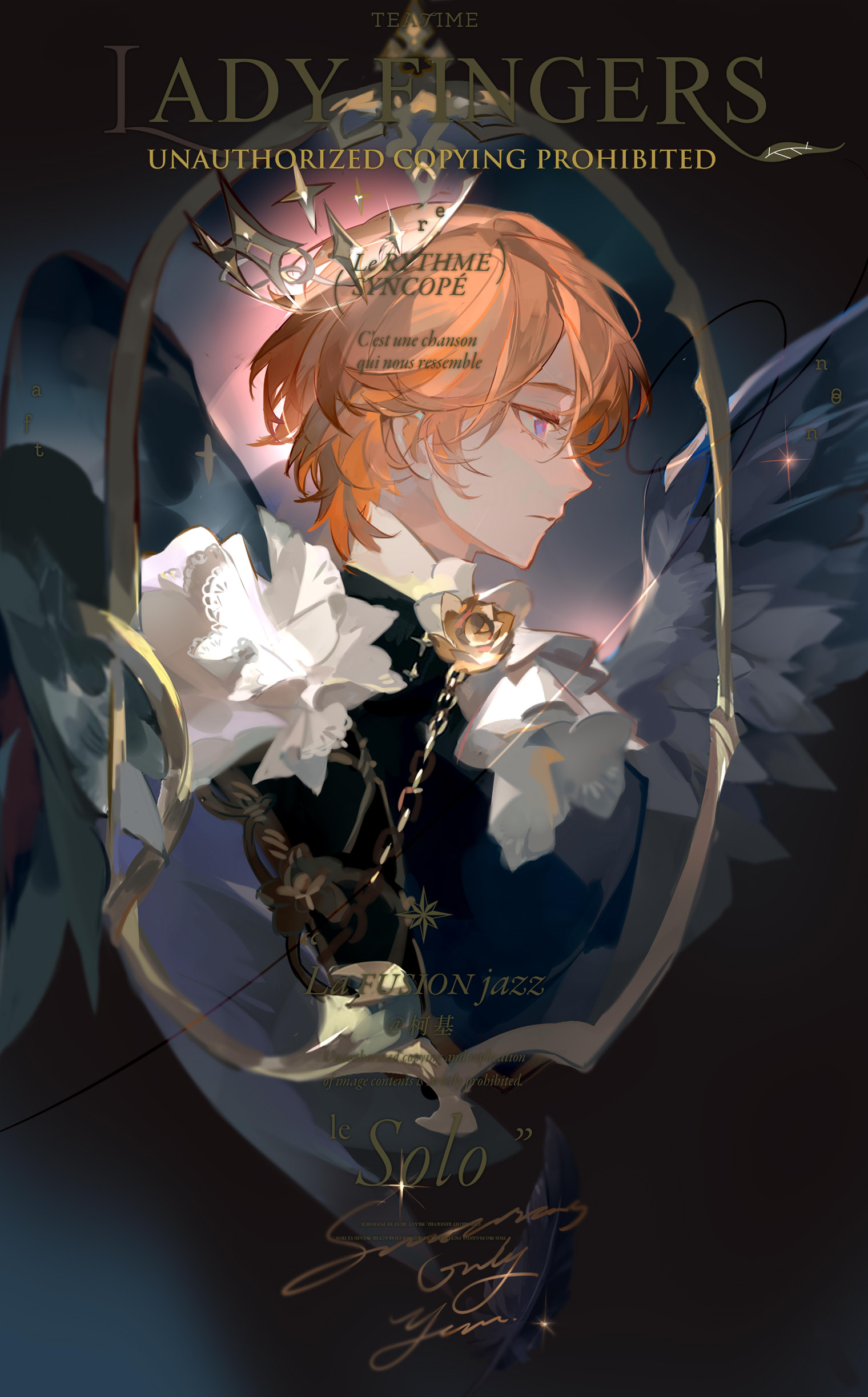 liulianjingrua, original, absurdres, highres, 1boy, ^^^, black wings, brooch, crown, english text, feathered wings, formal clothes, fur trim, hair between eyes, jewelry, looking to the side, male focus, orange hair, picture frame, profile, purple eyes, short hair, solo, upper body, wings