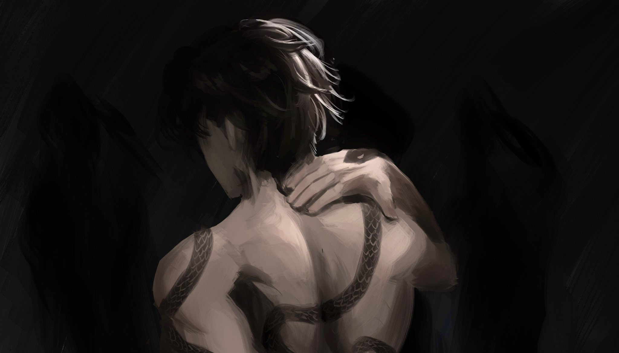 sunny (shadow slave), shadow slave, highres, 1boy, bad arm, black hair, from behind, full-body tattoo, gloxartx, hand on own shoulder, male focus, muscular, muscular male, no shirt, short hair, snake tattoo, solo, tattoo, upper body