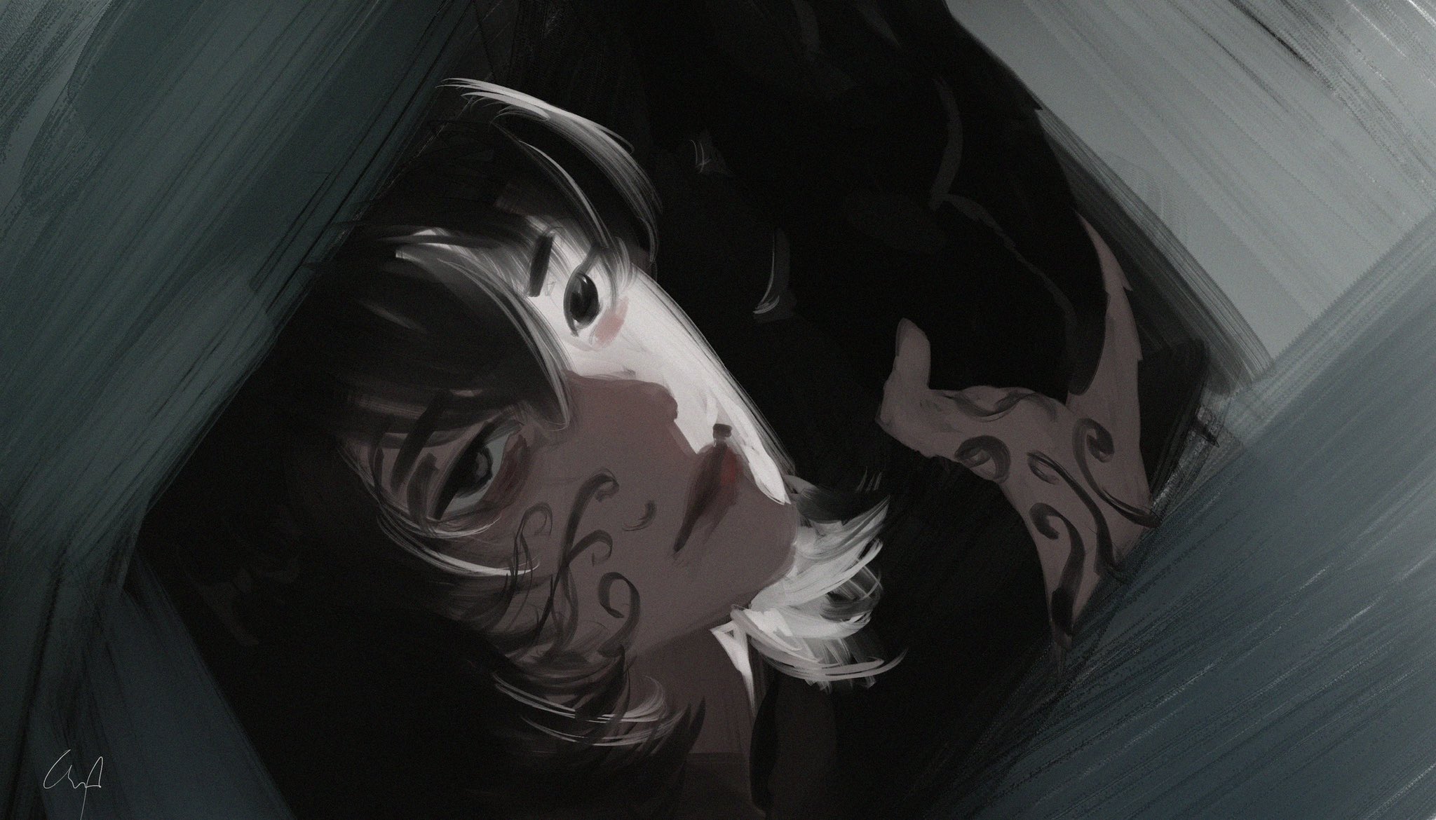 shadow slave, character request, highres, 1girl, black eyes, black hair, facial tattoo, gloxartx, hair between eyes, hand tattoo, head tilt, looking at viewer, portrait, short hair, sidelighting, smile, solo, tattoo