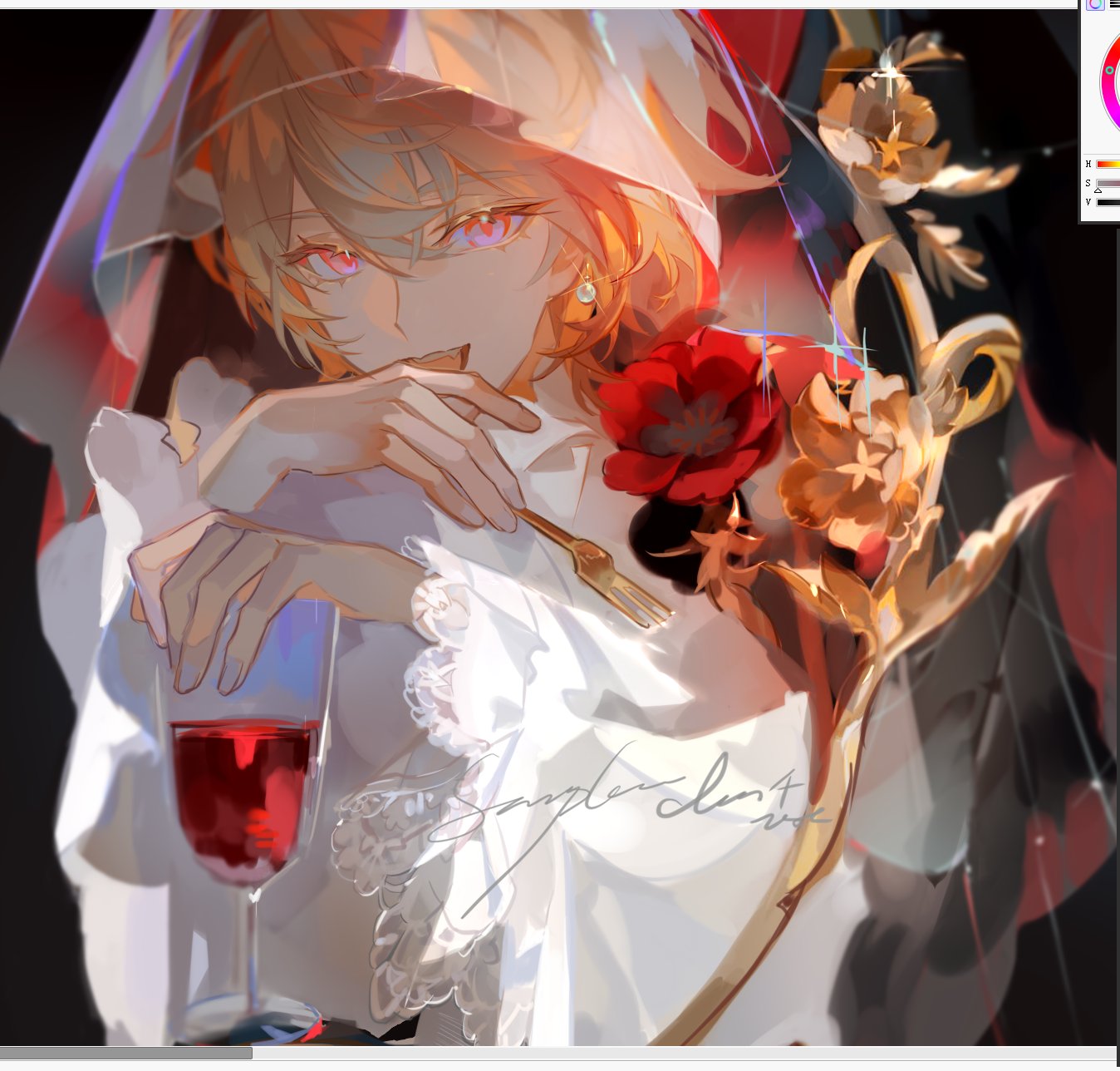 liulianjingrua, original, highres, 1boy, alcohol, blonde hair, cup, drinking glass, earrings, english text, flower, fork, frilled sleeves, frills, hair between eyes, holding, holding fork, jewelry, long sleeves, looking at viewer, male focus, open mouth, orange hair, pink eyes, red flower, short hair, solo, upper body, veil, wine, wine glass