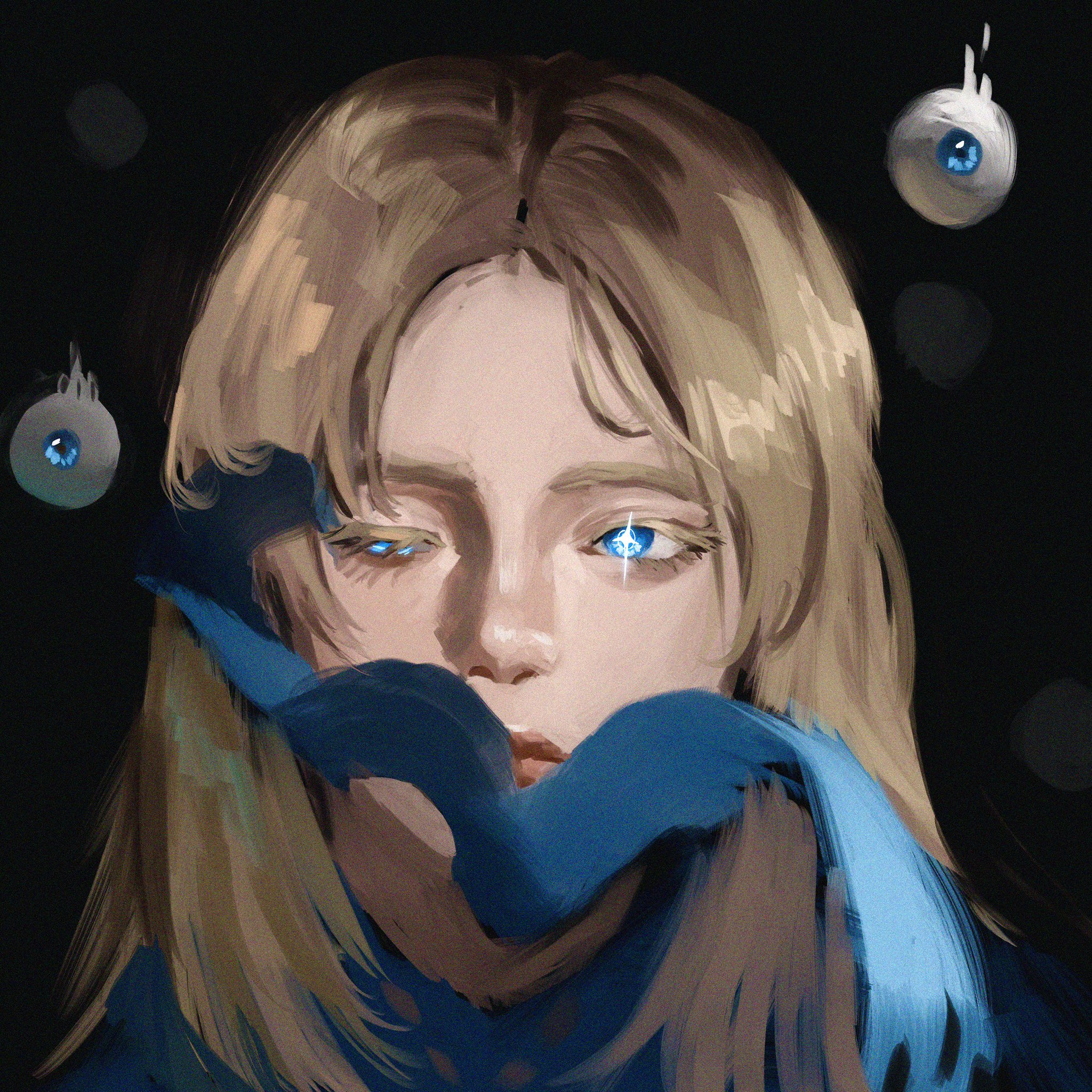 cassie (shadow slave), shadow slave, highres, 1girl, aegyo sal, blonde hair, blue eyes, blue ribbon, disembodied eye, expressionless, eyeball, glint, gloxartx, half-closed eye, looking at viewer, painterly, portrait, ribbon, short hair, solo, sparkle