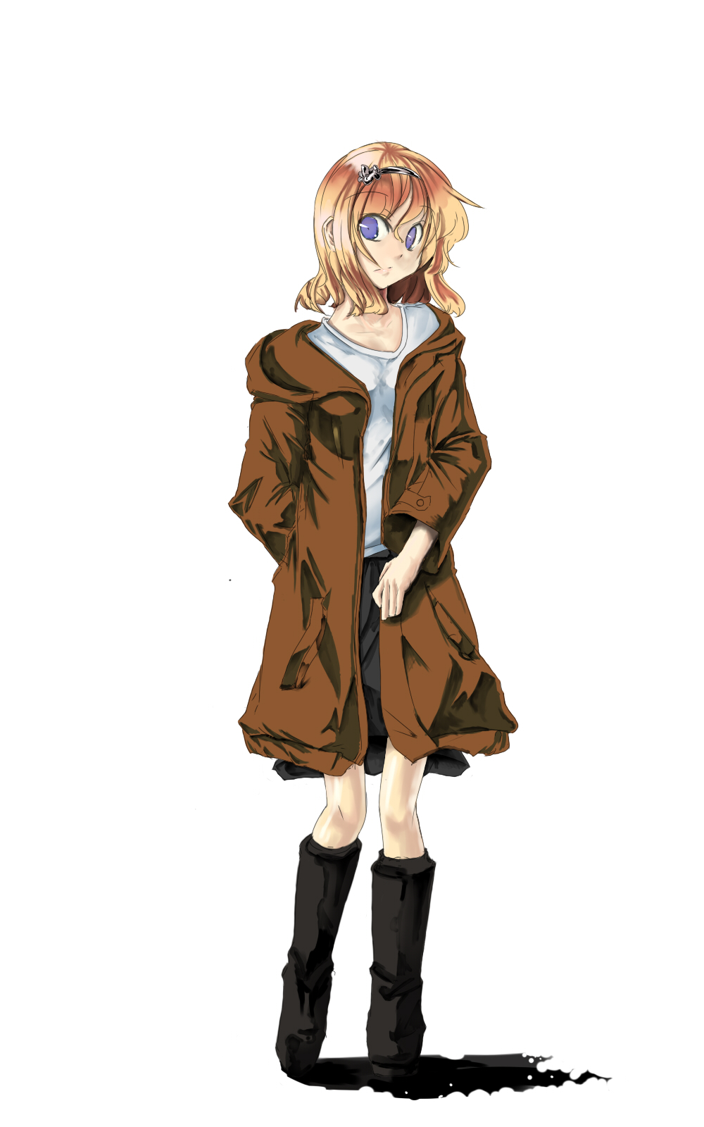 shamo, shamo (koumakantv), alice margatroid, touhou, bad id, bad pixiv id, highres, 1girl, alternate costume, blonde hair, blue eyes, boots, casual, coat, contemporary, female focus, hairband, simple background, solo