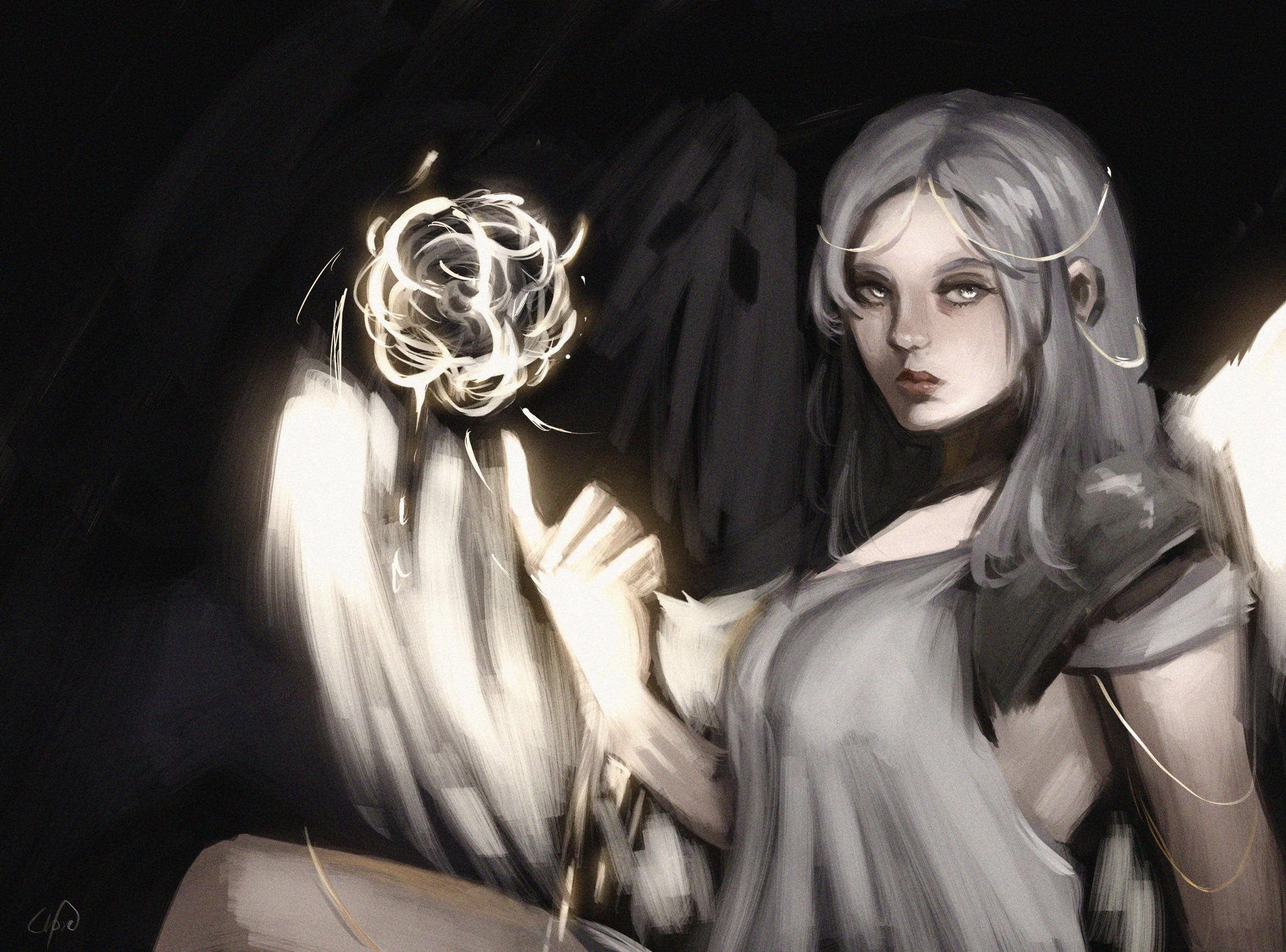 nephis (shadow slave), shadow slave, highres, 1girl, aegyo sal, black wings, clothing cutout, dress, expressionless, feathered wings, glowing, gloxartx, grey hair, hair over shoulder, hand up, index finger raised, knee up, looking at viewer, magic, side cutout, solo, white dress, wings, yellow eyes