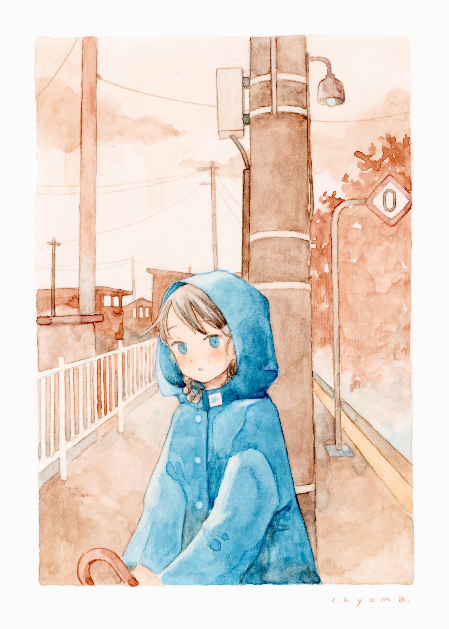 chyoma, original, commentary request, highres, painting (medium), traditional media, watercolor (medium), 1girl, black hair, blue eyes, blue raincoat, border, braid, building, guard rail, holding, holding umbrella, looking at viewer, outdoors, parted bangs, parted lips, power lines, raincoat, road, road sign, sepia, sign, signature, solo, street, twin braids, umbrella, upper body, utility pole, white border