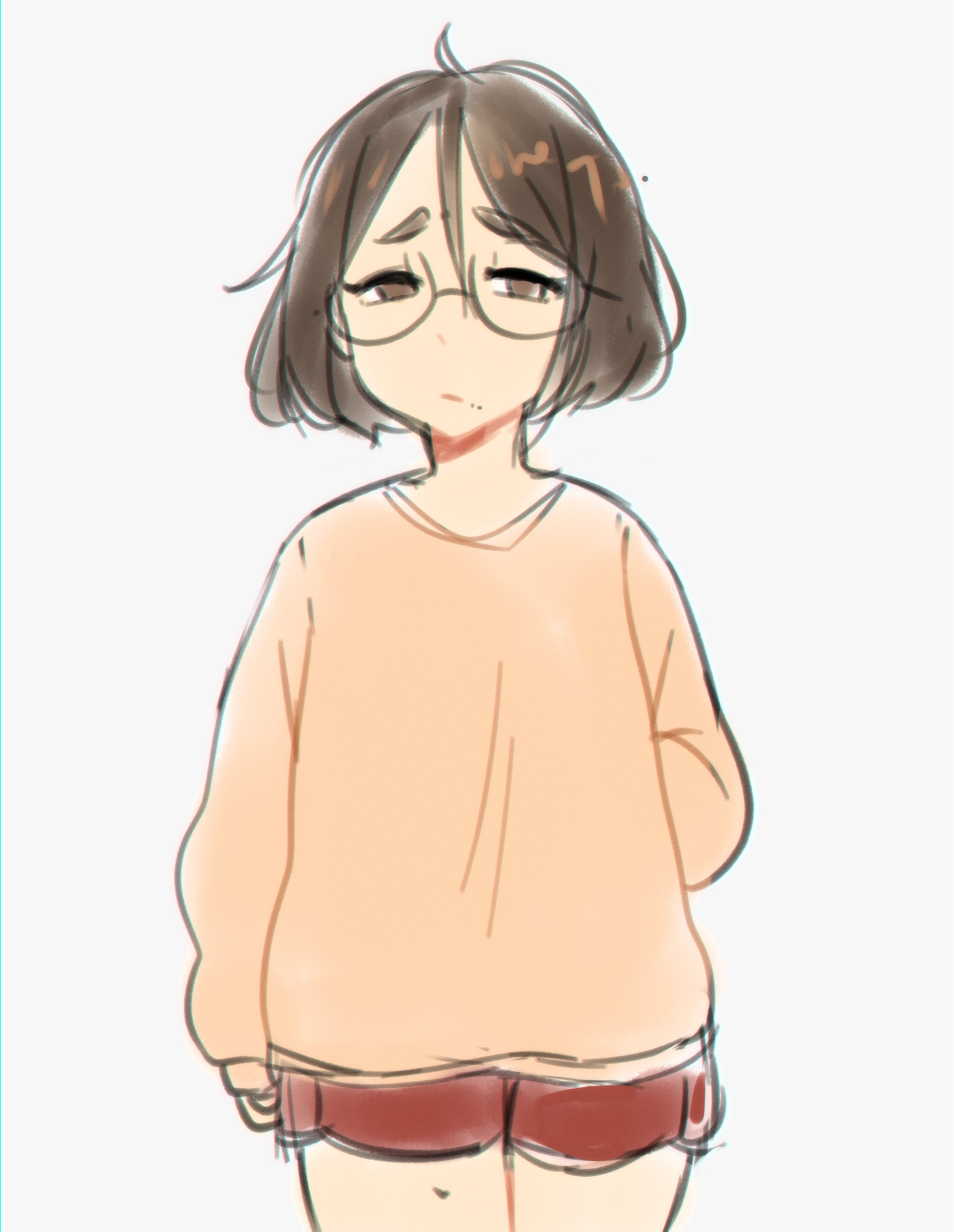 neqo (neneneqo), creator (neneneqo), tagme, 1girl, brown eyes, brown hair, glasses, looking at viewer, mole, mole on thigh, mole under mouth, short hair, shorts, simple background, solo, sweater, white background