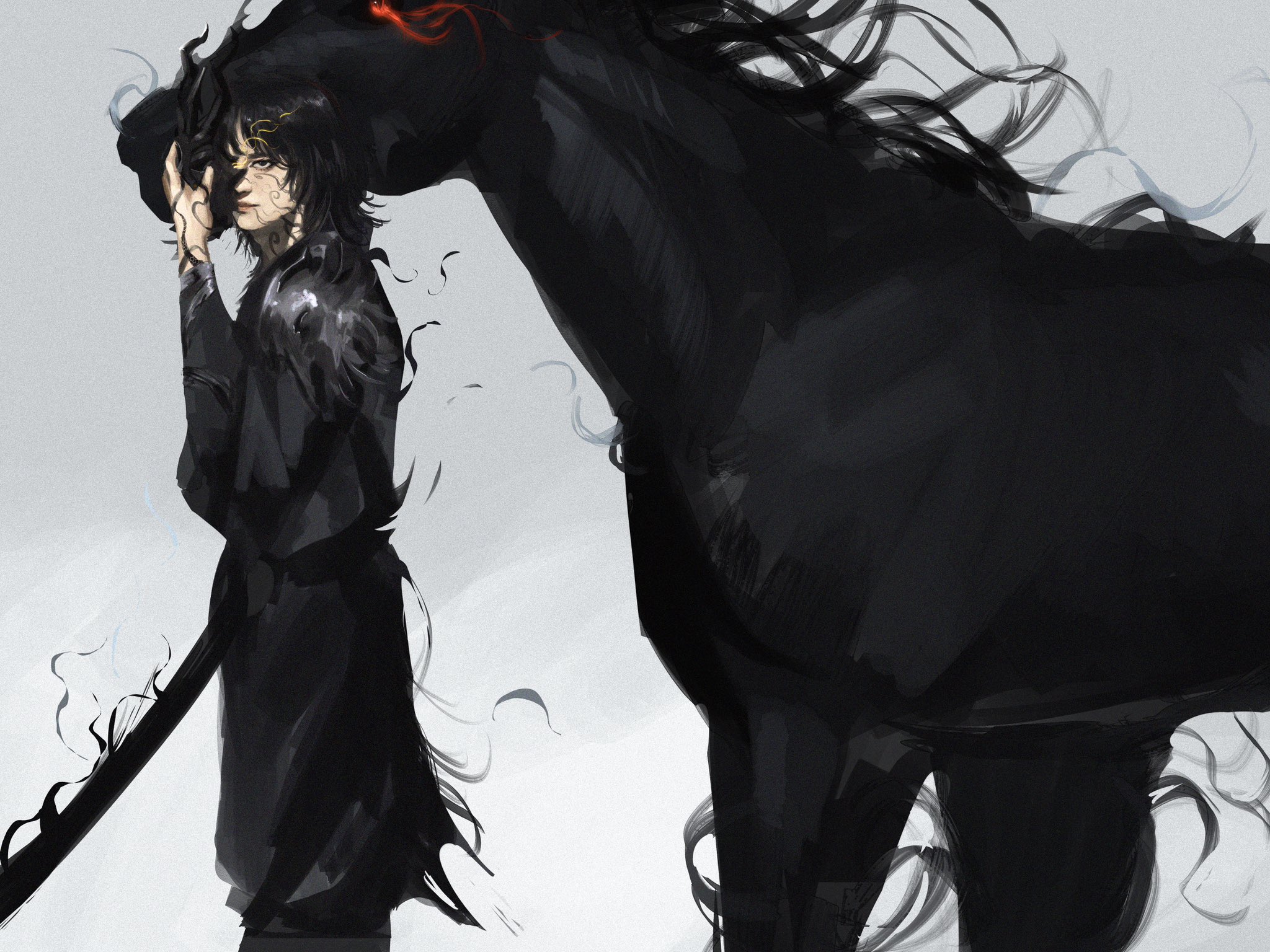 sunny (shadow slave), shadow slave, highres, 1boy, animal, bags under eyes, black eyes, black hair, black robe, colored veins, feet out of frame, glowing, glowing eyes, gloxartx, holding, holding sword, holding weapon, horse, looking at viewer, male focus, petting, red eyes, robe, short hair, smoke, sword, weapon, wide-leg pants