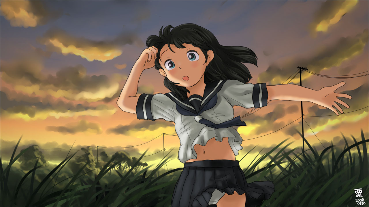 awatake takahiro, 00s, 1girl, 2008, black hair, blush, cloud, dated, female focus, grass, long hair, outdoors, panties, pantyshot, school uniform, sky, solo, sunset, tree, twilight, underwear, white panties, wind, wind lift