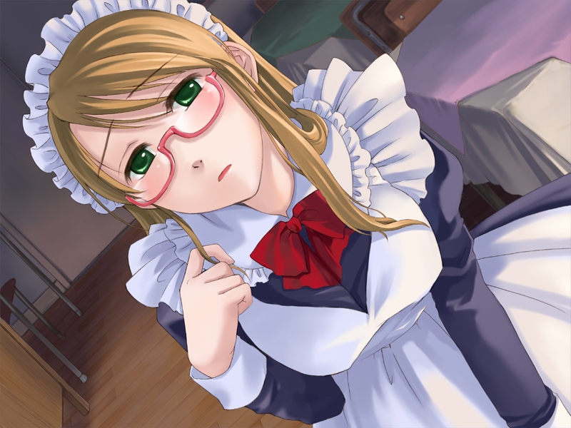 ginta, yoshino mizuki, pure x cure, game cg, 1girl, blush, breasts, brown hair, dutch angle, female focus, glasses, green eyes, hairband, large breasts, maid, ribbon, solo