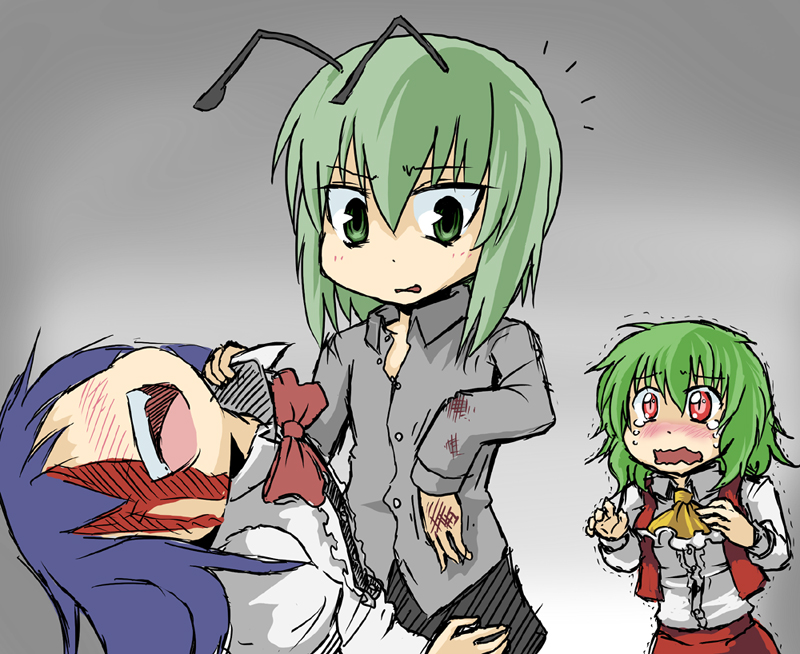 kujira lorant, hinanawi tenshi, kazami yuuka, wriggle nightbug, touhou, commentary, 3girls, androgynous, antennae, ascot, blood, blue hair, blush, body switch, broken arm, female focus, green eyes, green hair, injury, masochism, multiple girls, no eyes, personality switch, purple hair, red eyes, reverse trap, skirt, skirt set, tears, trembling, vest