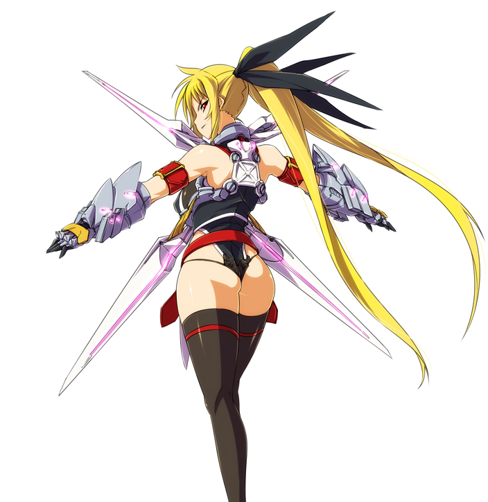 nekomamire, fate testarossa, lyrical nanoha, mahou shoujo lyrical nanoha, mahou shoujo lyrical nanoha strikers, 00s, 1girl, adapted costume, armband, ass, black thighhighs, blonde hair, female focus, from behind, hair ribbon, long hair, looking back, outstretched arms, panties, ribbon, solo, spread arms, thighhighs, thong, twintails, underwear, very long hair