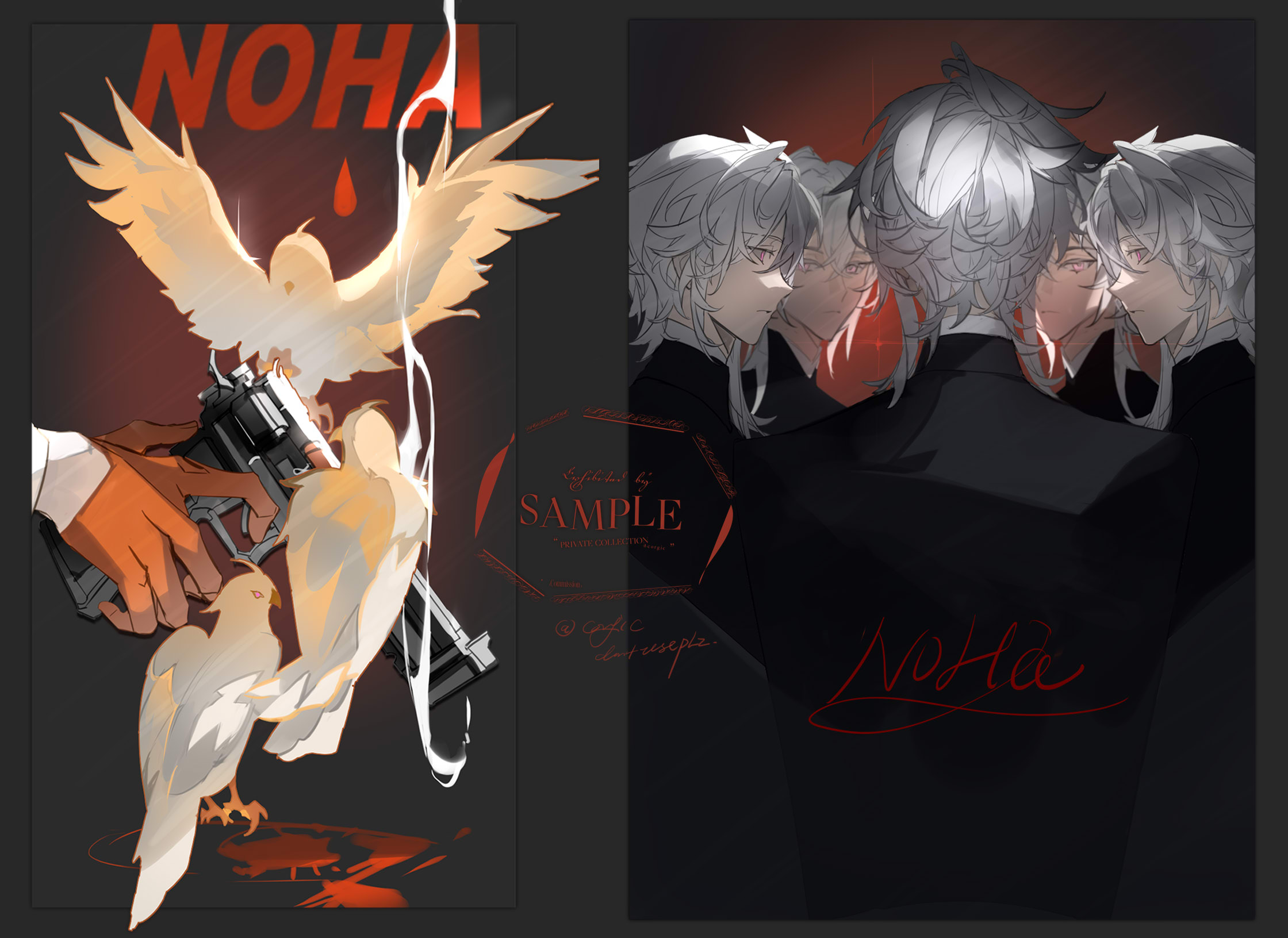 liulianjingrua, original, commentary, highres, symbol-only commentary, 1boy, bird, blood, english text, formal clothes, gloves, grey hair, gun, hair between eyes, half gloves, handgun, holding, holding gun, holding weapon, long sleeves, male focus, multiple boys, multiple views, red gloves, shirt, short hair, sidelocks, smoke, weapon, white hair