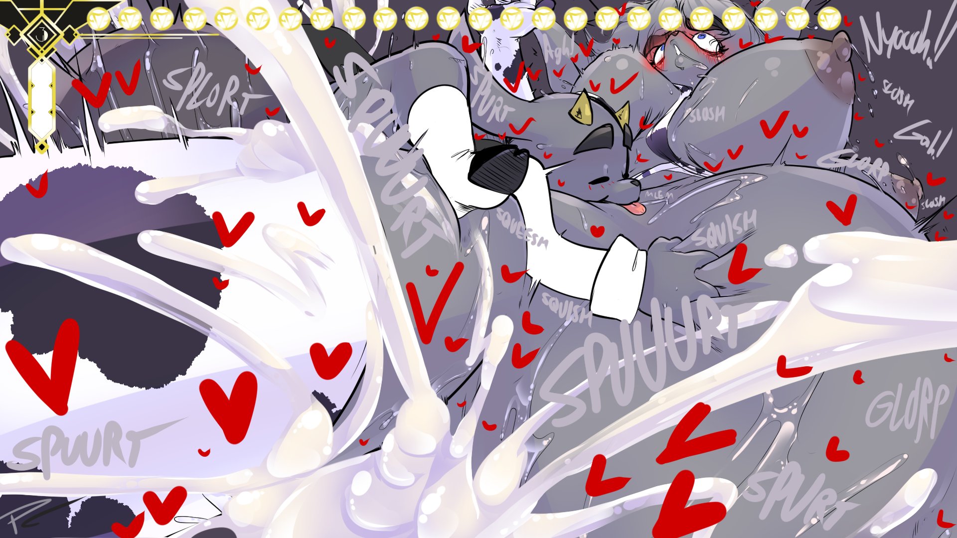 fakeryway, butler (pseudoregalia), sybil (pseudoregalia), pseudoregalia, 1boy, 1girl, animal ears, ass, blush, breasts, christmas, colored skin, cum, cum in pussy, dialogue box, english text, excessive cum, grey background, grey fur, grey skin, heart, horns, huge ass, huge penis, inflation, lying, medium breasts, nipples, on person, partially undressed, penis, sex, sex from behind, simple background, size difference, stomach bulge, thighhighs, vaginal, veins, veiny penis