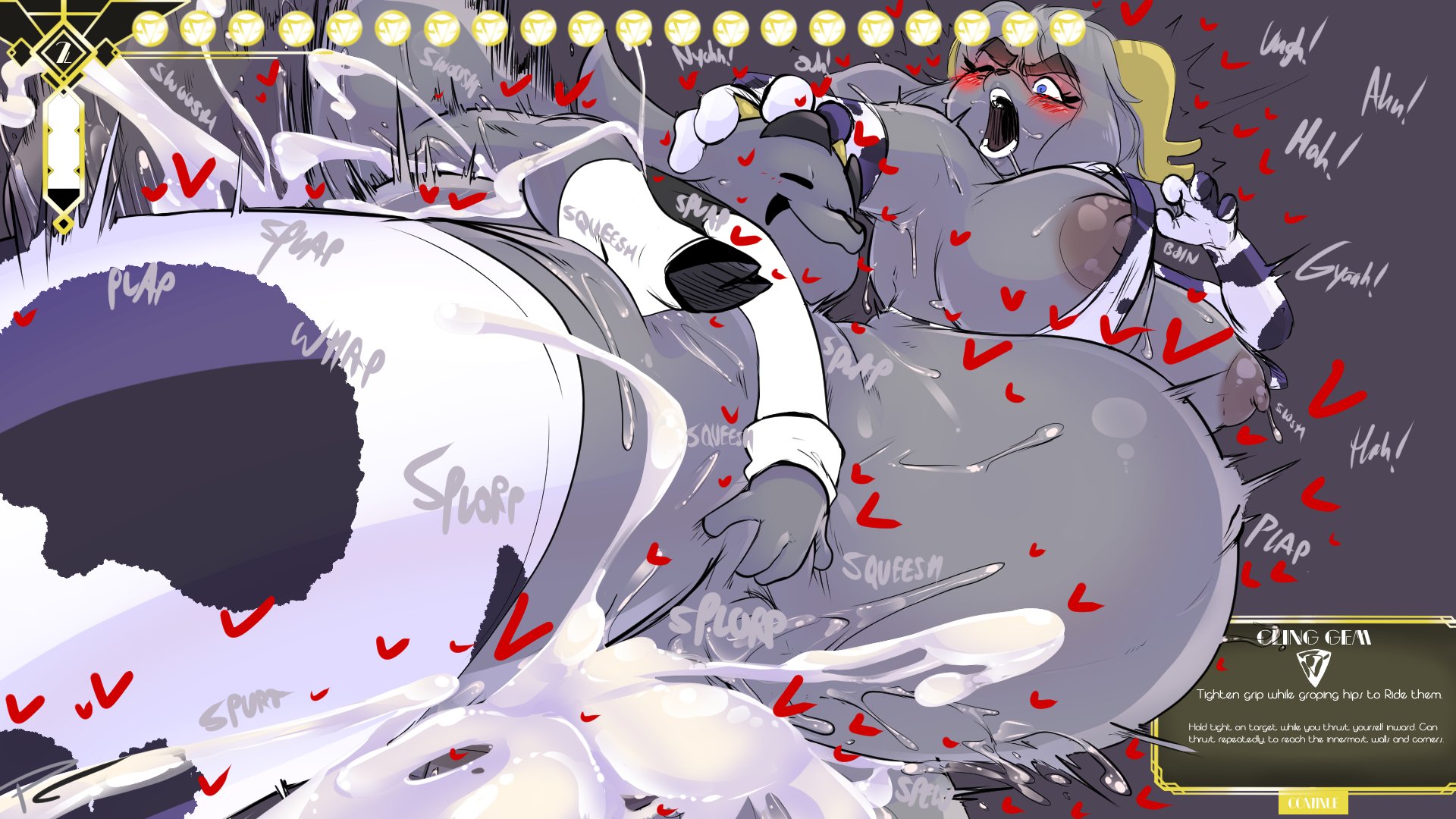 fakeryway, butler (pseudoregalia), sybil (pseudoregalia), pseudoregalia, 1boy, 1girl, animal ears, ass, blush, breasts, christmas, colored skin, cum, cum in pussy, dialogue box, english text, excessive cum, grey background, grey fur, grey skin, heart, horns, huge ass, huge penis, inflation, lying, medium breasts, nipples, on person, partially undressed, penis, sex, sex from behind, simple background, size difference, stomach bulge, thighhighs, vaginal, veins, veiny penis