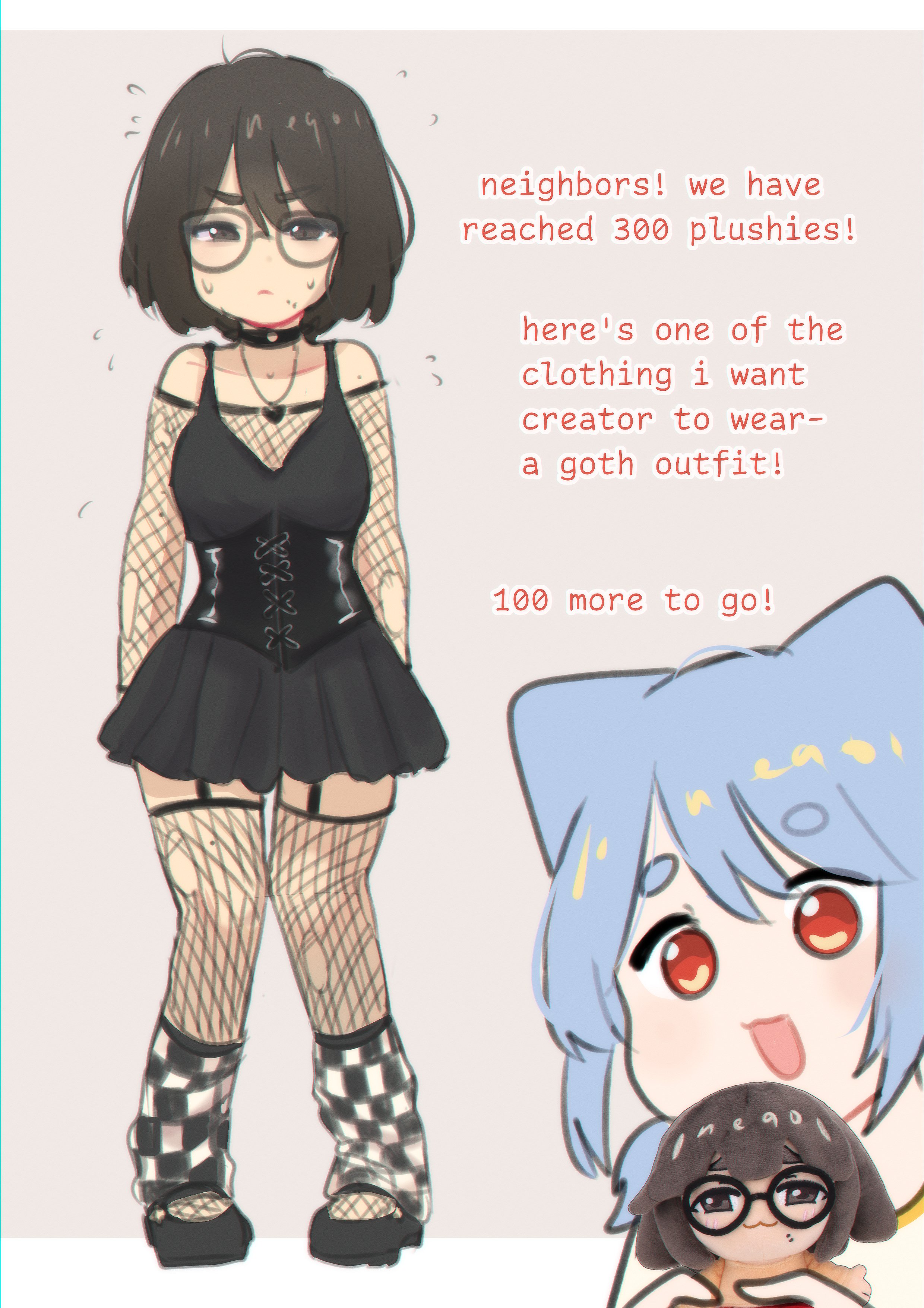 neqo (neneneqo), creator (neneneqo), neqo (character), 2girls, animal ears, black dress, blue hair, brown eyes, brown hair, cat ears, choker, collar, corset, dress, fishnet thighhighs, fishnet top, fishnets, glasses, goth fashion, mole, mole on thigh, mole under mouth, multiple girls, red eyes, short hair, simple background, stuffed toy, sweat, sweatdrop, thighhighs