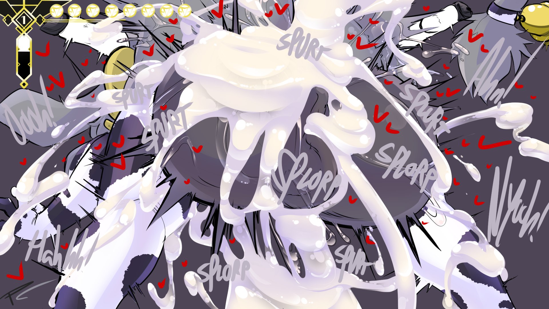 fakeryway, butler (pseudoregalia), sybil (pseudoregalia), pseudoregalia, 1boy, 1girl, animal ears, ass, blush, breasts, christmas, colored skin, cum, cum in pussy, dialogue box, english text, excessive cum, grey background, grey fur, grey skin, heart, horns, huge ass, huge penis, impregnation, leg grab, lying, medium breasts, missionary, nipples, on person, one eye closed, ovum, partially undressed, penis, penis grab, simple background, size difference, thighhighs, vaginal, veins, veiny penis