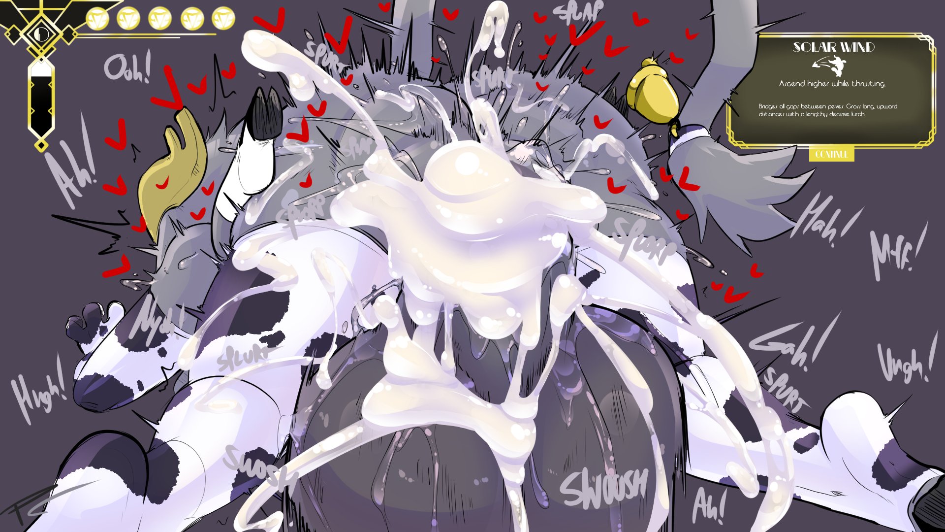 fakeryway, butler (pseudoregalia), sybil (pseudoregalia), pseudoregalia, 1boy, 1girl, animal ears, ass, blush, breasts, christmas, colored skin, cum, cum in pussy, dialogue box, english text, excessive cum, grey background, grey fur, grey skin, heart, horns, huge ass, huge penis, impregnation, leg grab, lying, medium breasts, missionary, nipples, on person, one eye closed, ovum, partially undressed, penis, penis grab, simple background, size difference, thighhighs, vaginal, veins, veiny penis