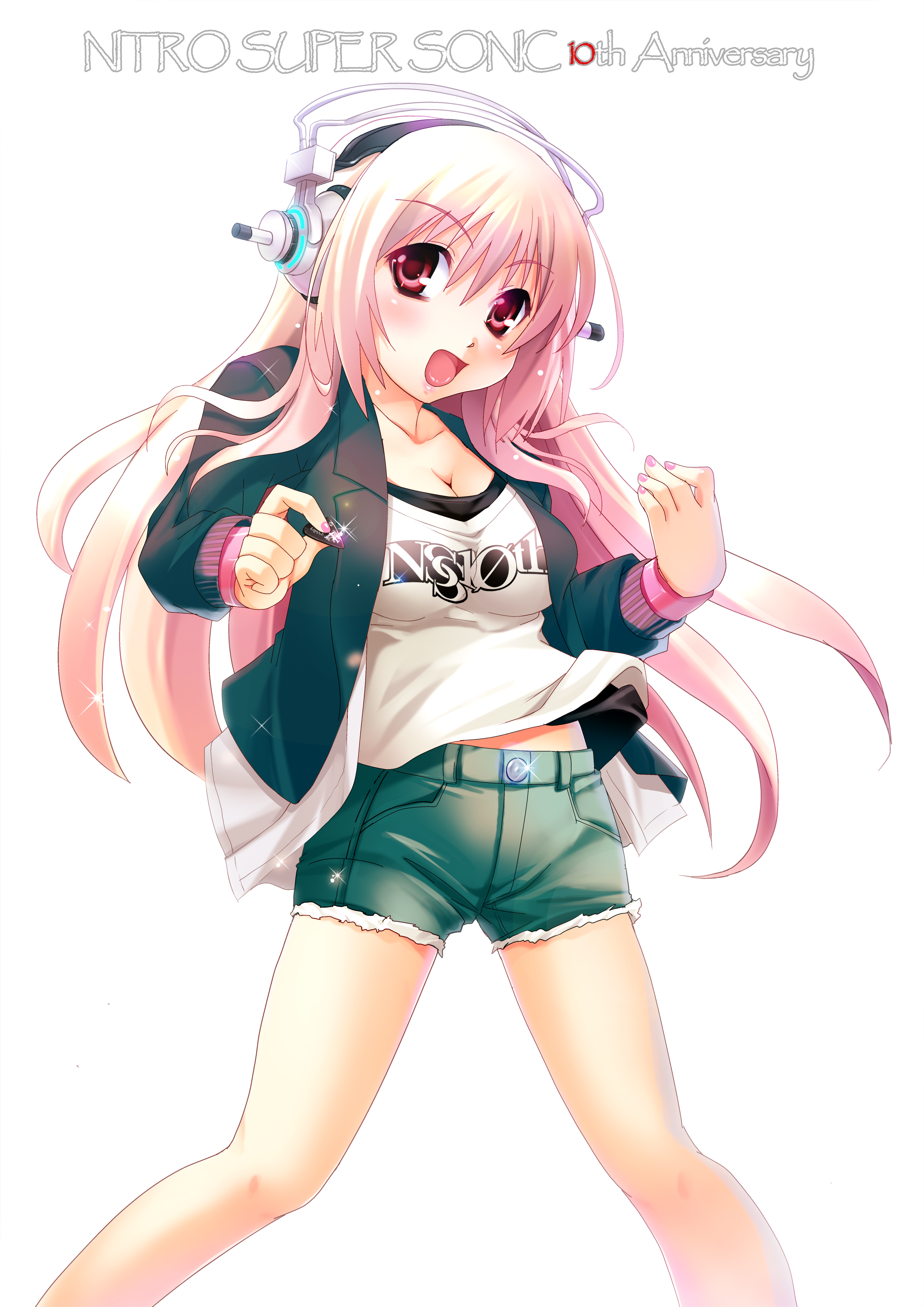 kouki kuu, super sonico, nitroplus, absurdres, highres, 1girl, breasts, cleavage, female focus, headphones, nail polish, pink eyes, pink hair, pink nails, plectrum, shorts, simple background, solo