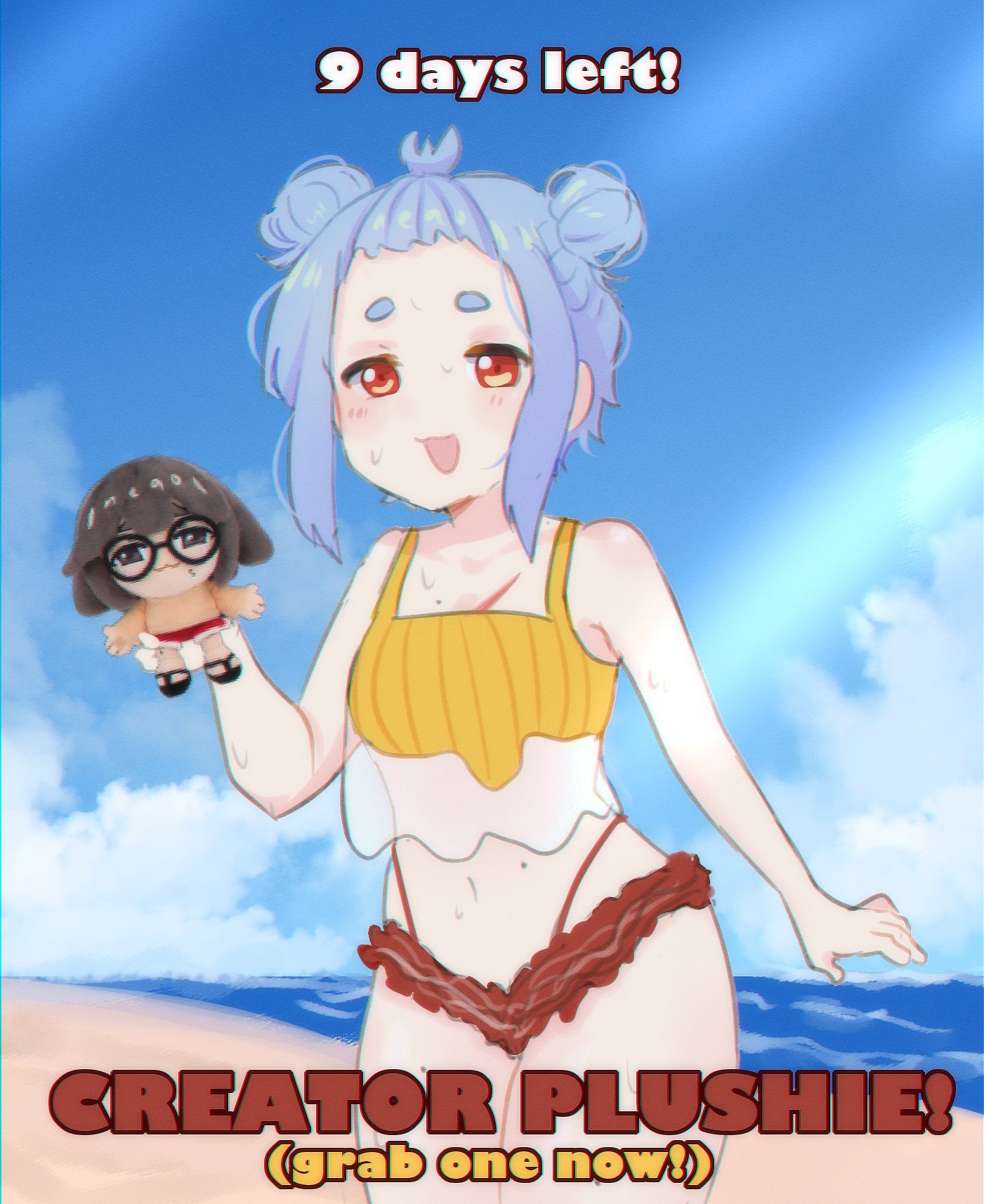 neqo (neneneqo), neqo (character), 1girl, beach, bikini, blue hair, breasts, highleg, highleg bikini, looking at viewer, mole, mole on breast, mole on stomach, mole on thigh, navel, outdoors, red eyes, scar, scar on chest, see-through clothes, small breasts, solo, stuffed toy, sweat, sweatdrop, swimsuit, water