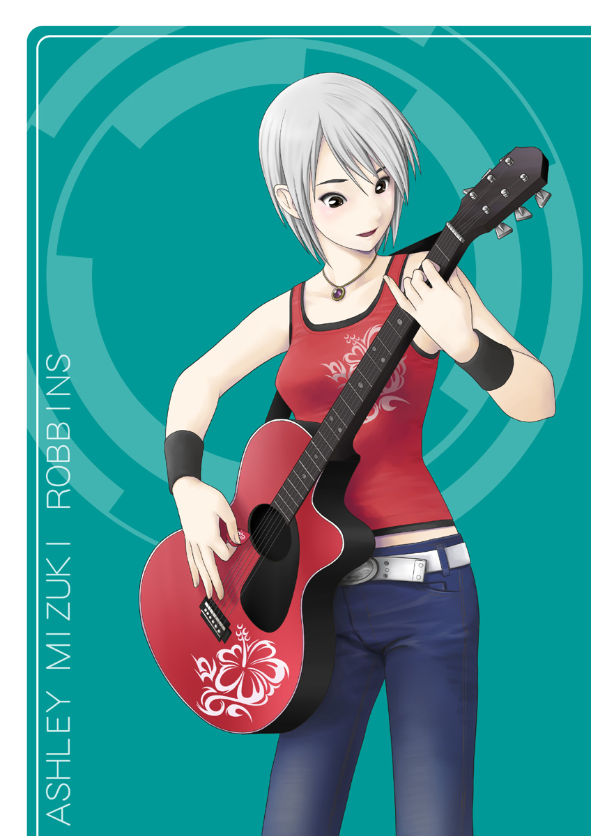 aritani mahoro, ashley mizuki robbins, another code, another code r, cing, highres, 1girl, acoustic guitar, denim, female focus, guitar, instrument, jeans, pants, plectrum, short hair, solo, tank top, white hair