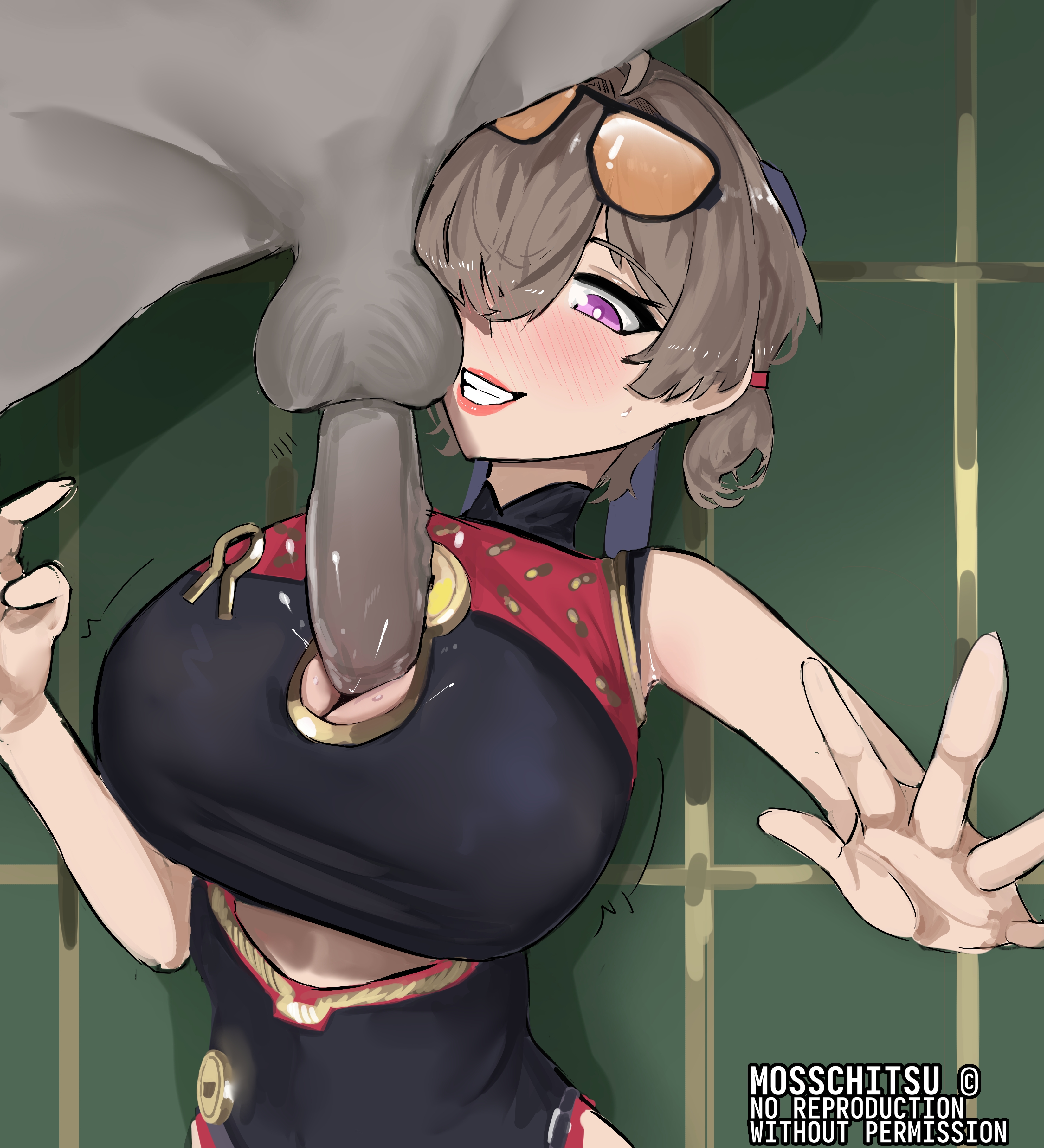 mosschitsu, sweety (zenless zone zero), zenless zone zero, absurdres, highres, armpits, braid, breasts, china dress, chinese clothes, cleavage cutout, clothing cutout, dress, large breasts, paizuri, sunglasses, twin braids, wet