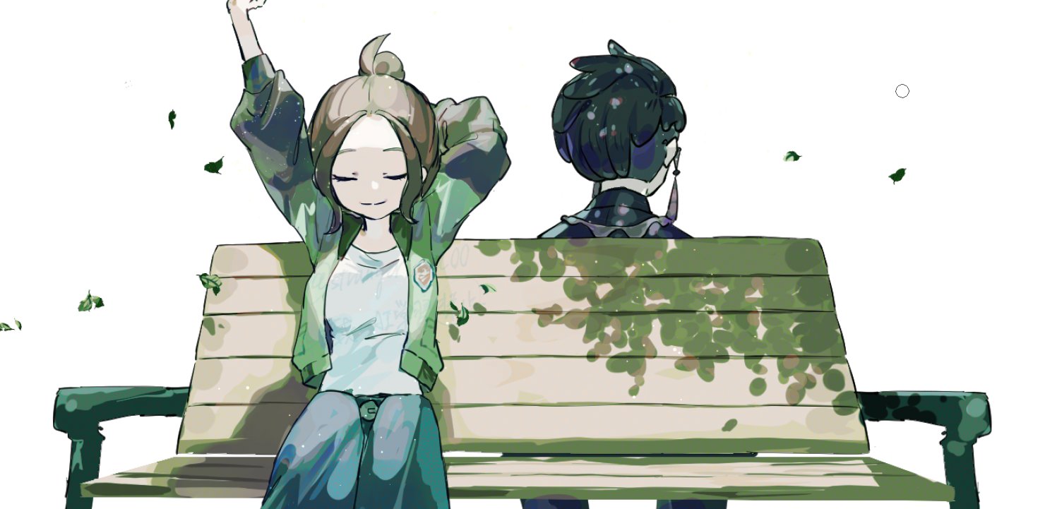 zui fz, corbeau (pokemon), harmony (pokemon), nintendo, pokemon, pokemon legends: z-a, commentary, symbol-only commentary, 1boy, 1girl, black hair, brown hair, chair, collared shirt, green jacket, jacket, open clothes, open jacket, pants, purple shirt, shirt, short hair, smile, stretching, white shirt